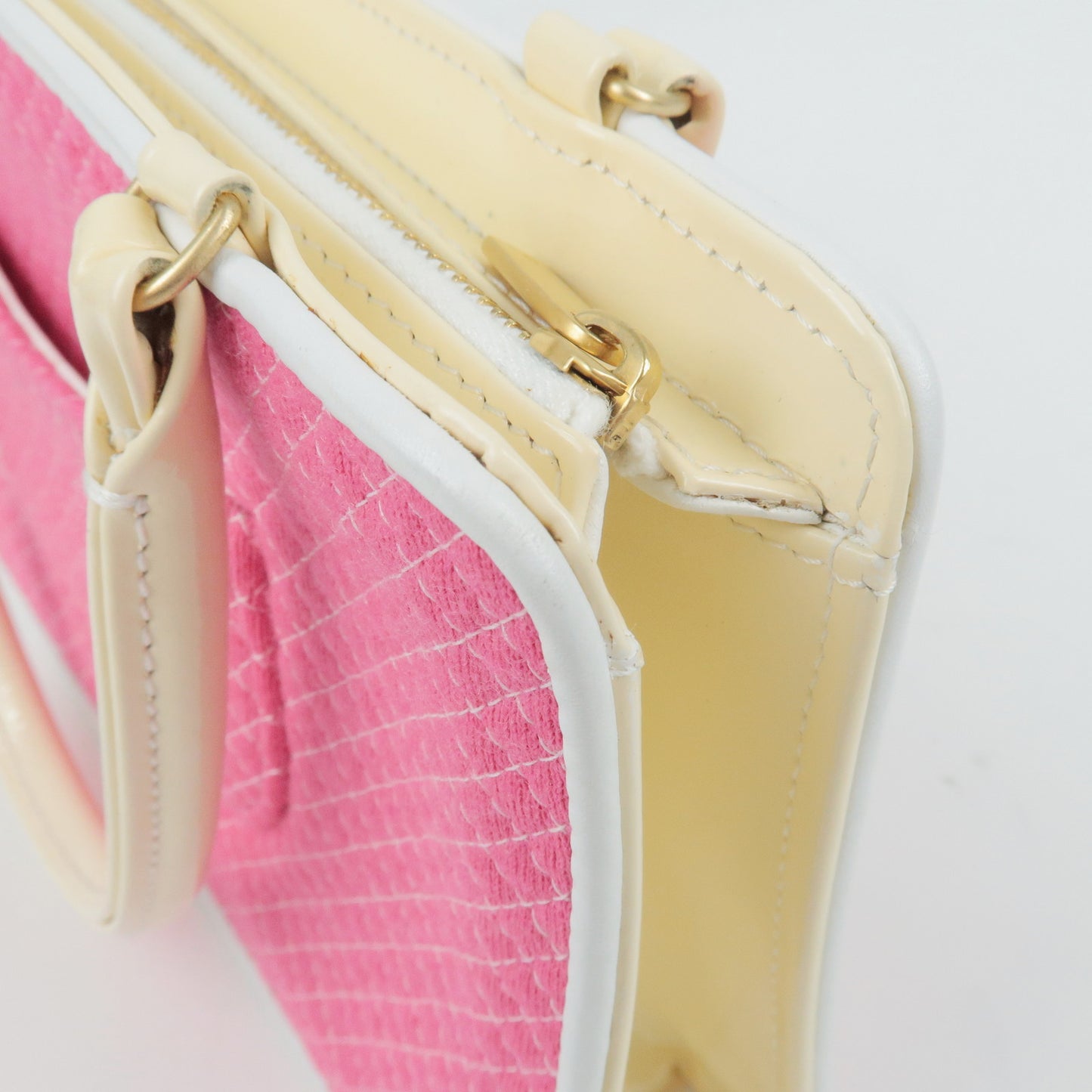 CHANEL CC Logo Canvas Enamel Hand Bag Pink Beige