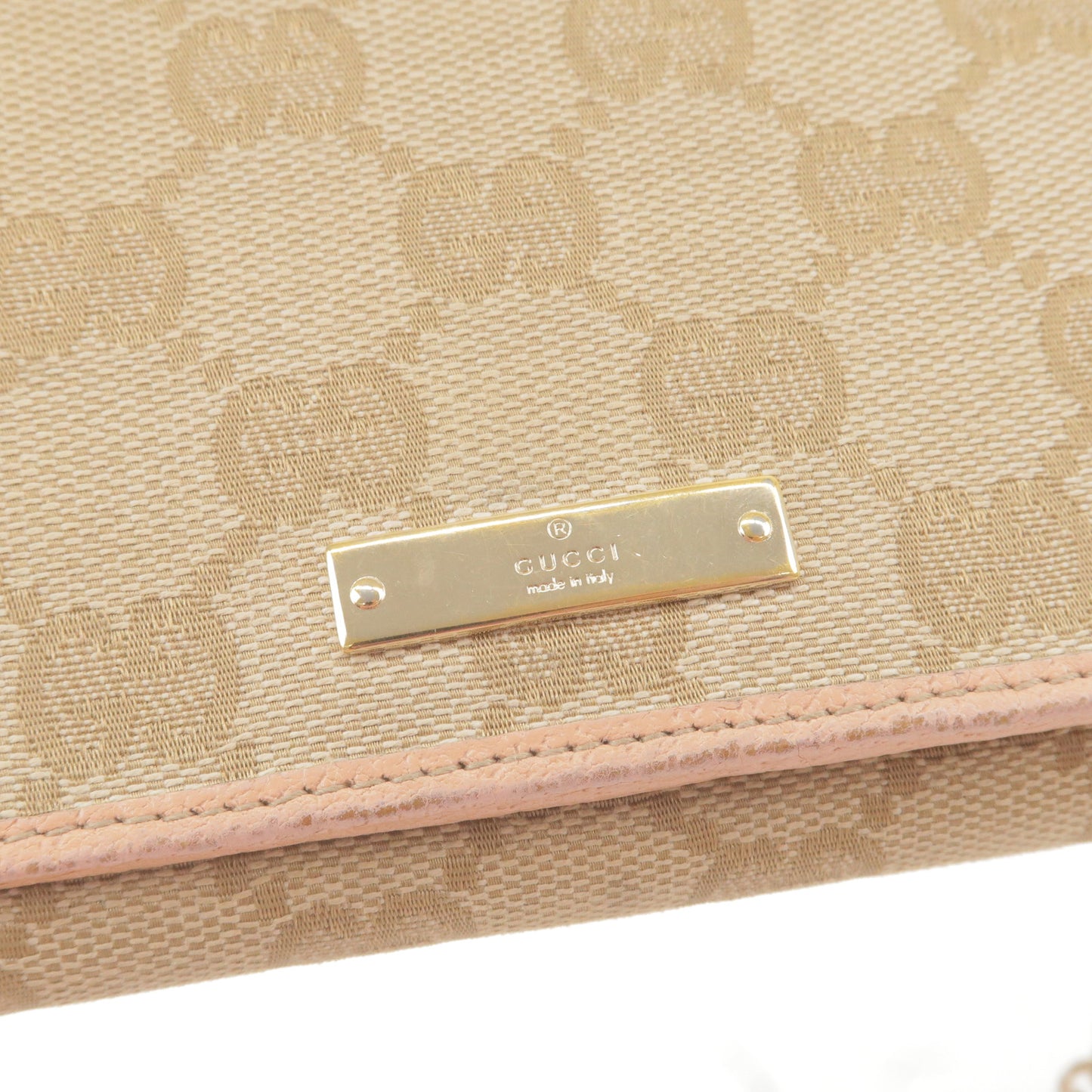 GUCCI GG Canvas Leather Chain Wallet WOC Beige Pink 1704280