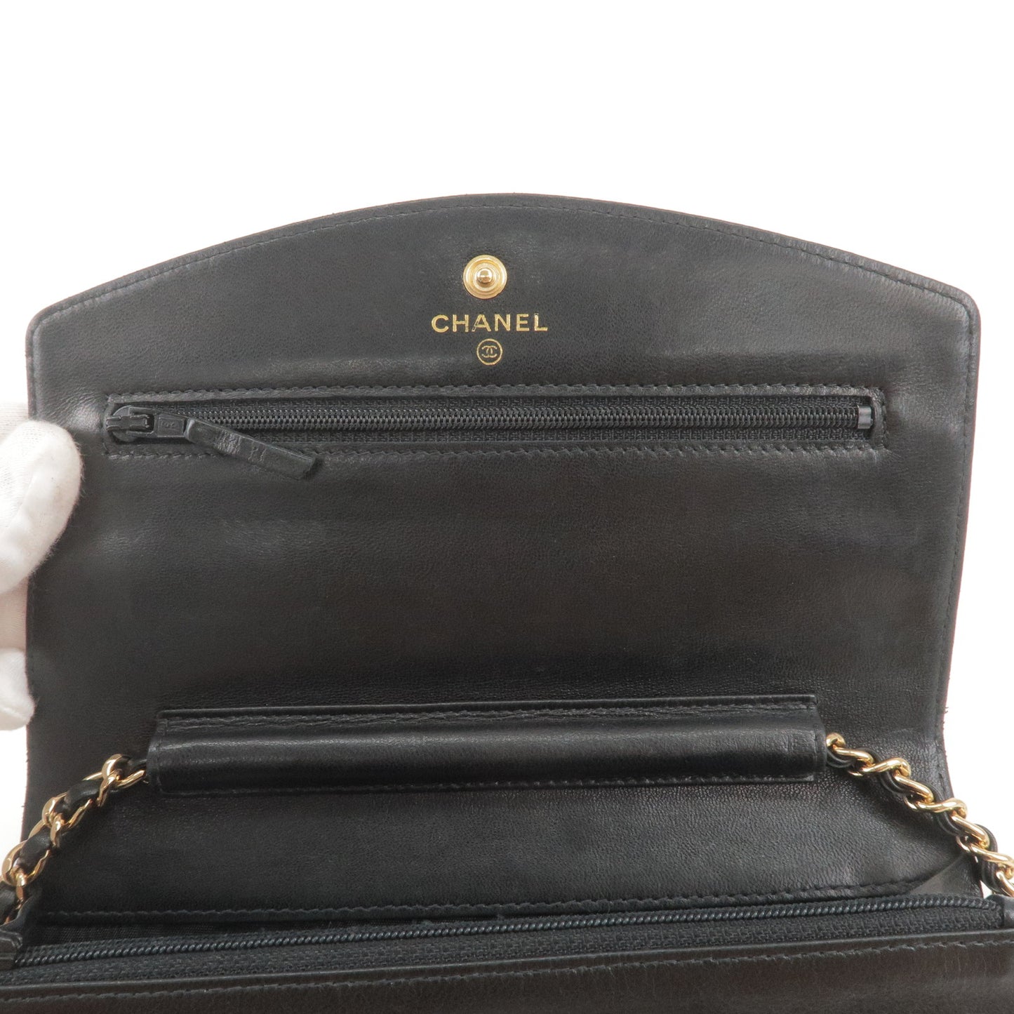 CHANEL Caviar Skin COCO Mark Chain Wallet WOC Black Gold HDW A13509