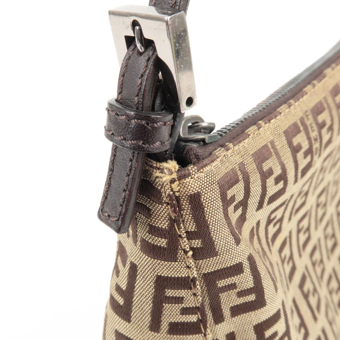 FENDI Zucchino Canvas Leather Shoulder Bag Beige Brown 8BR267