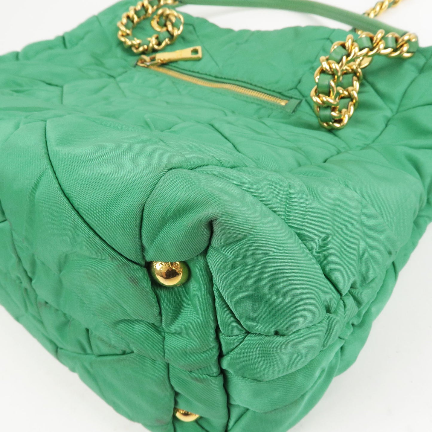 PRADA Logo Nylon Leather Chain Tote Bag Green BR4383