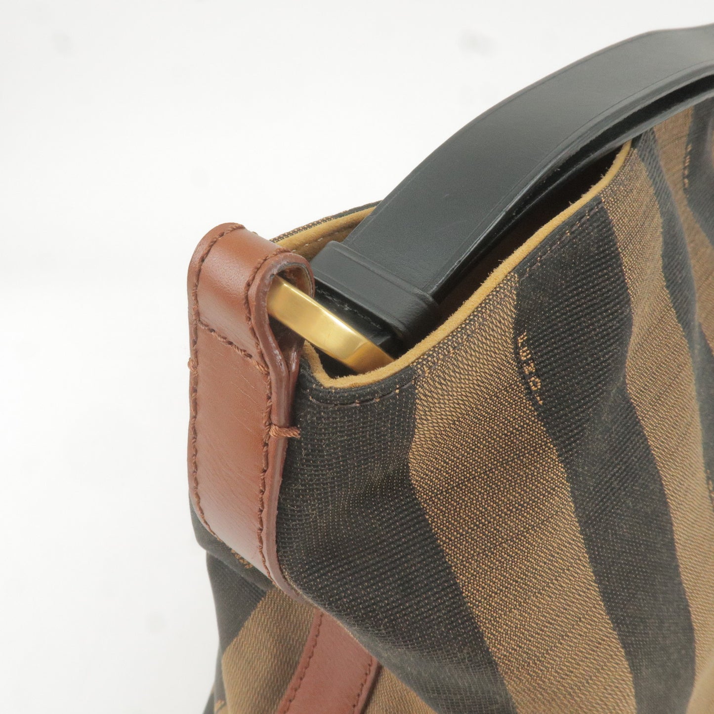 FENDI Pequin Canvas Leather Shoulder Bag Beige Black Brown 8BR653