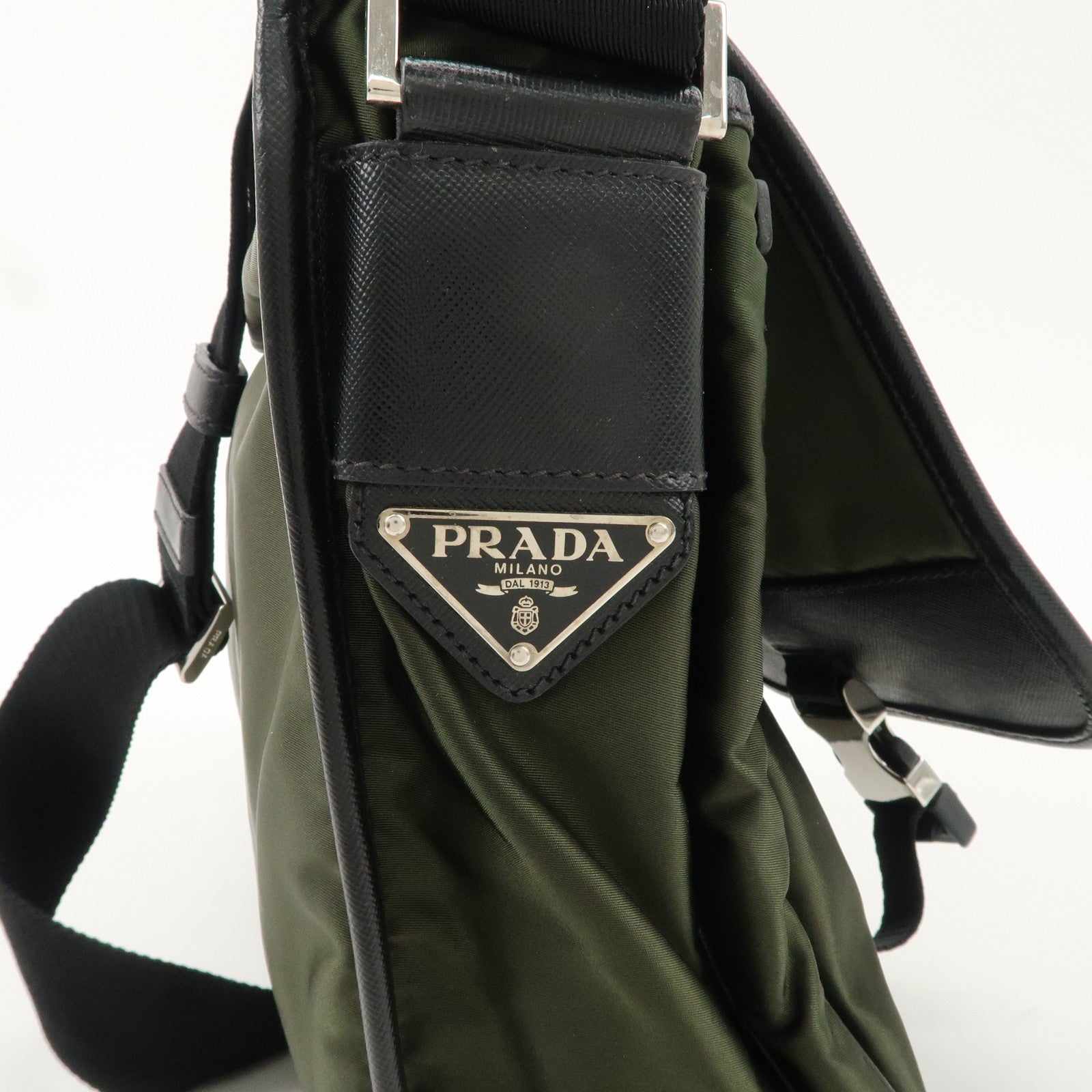 PRADA Logo Nylon Leather Messenger Bag Crossbody Bag Khaki VA0768