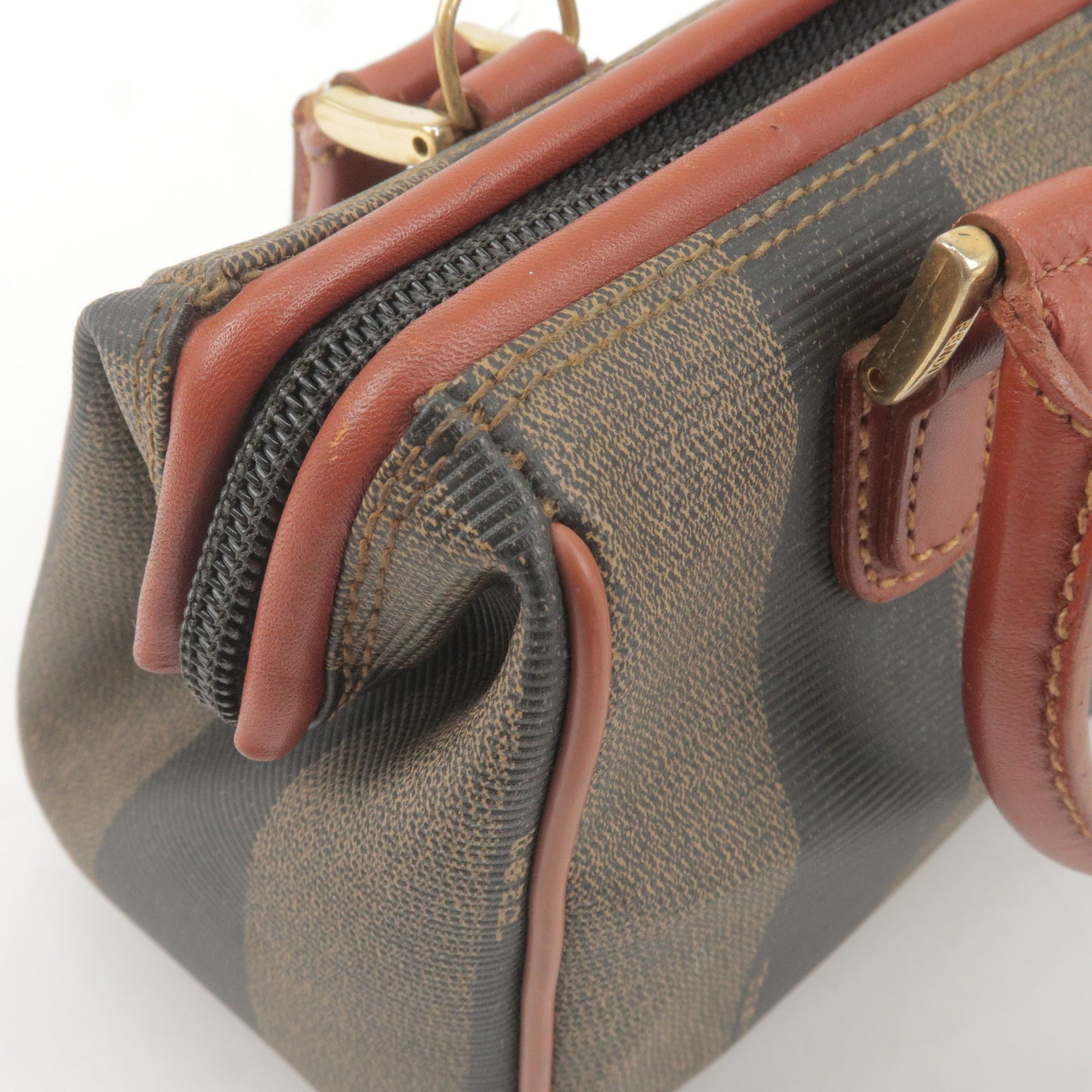 FENDI Pequin PVC Leather Boston Bag Hand Bag Khaki Brown 45970