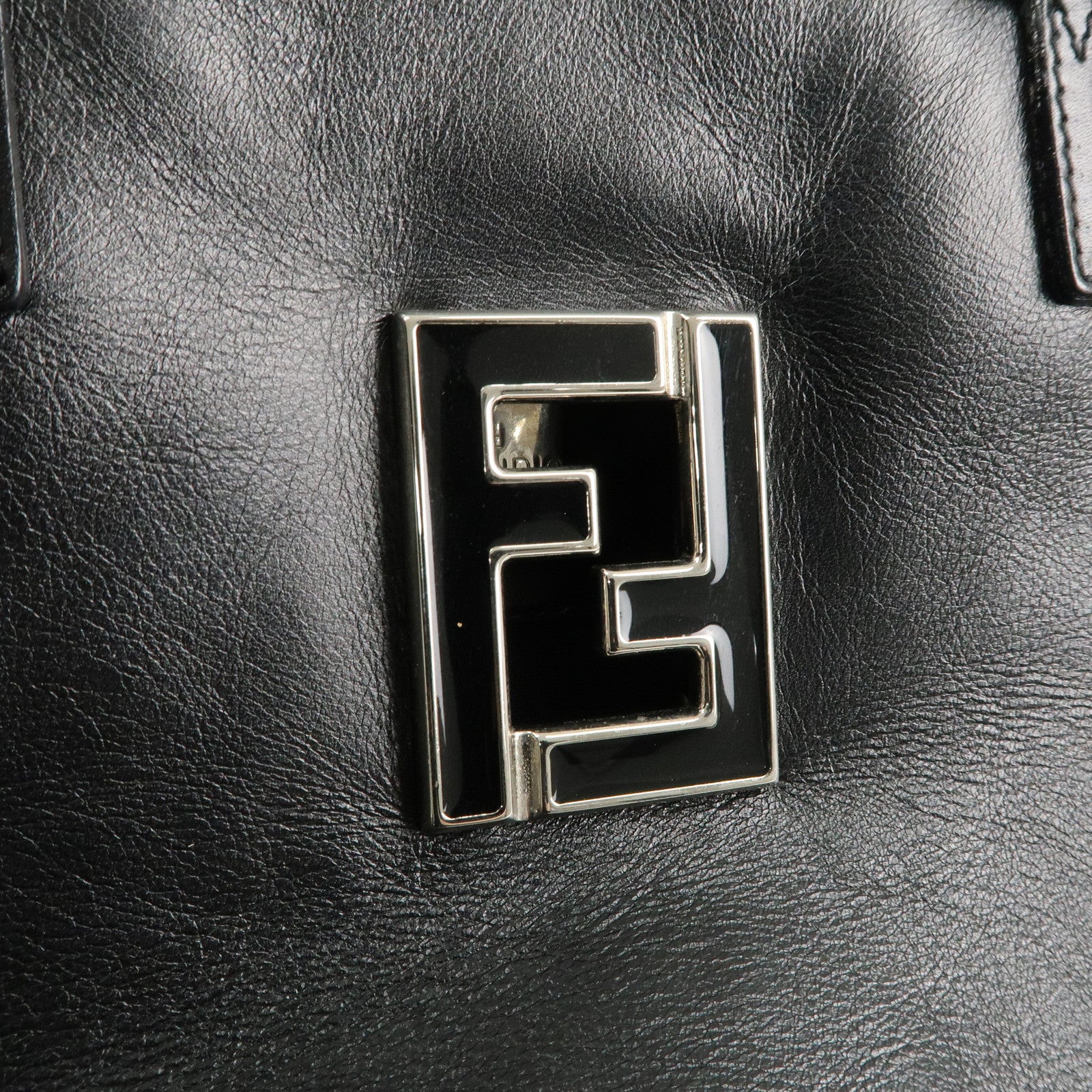 FENDI FF Logo Leather Hand Bag Silver HDW Black 15563