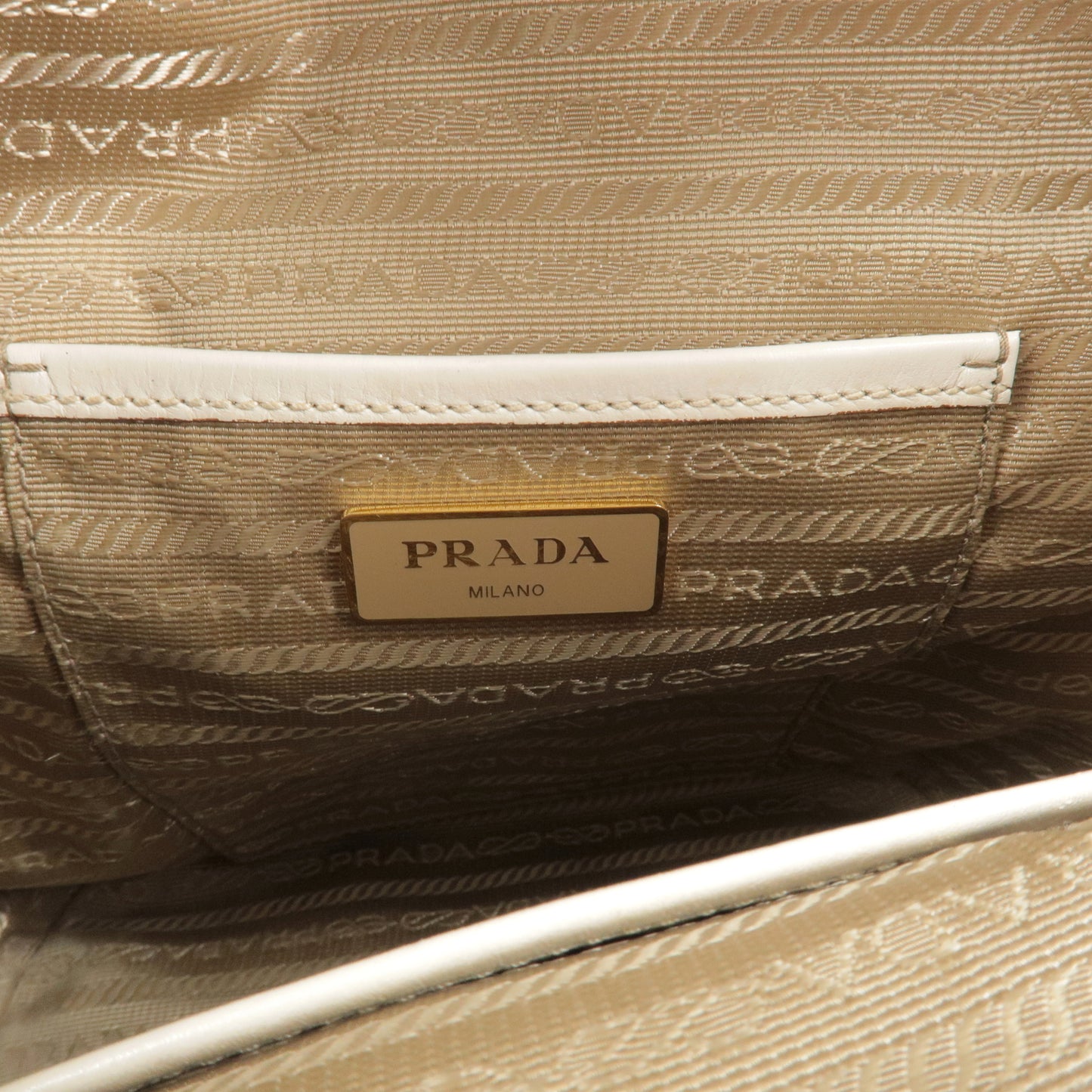 PRADA Logo Jacquard Leather Shoulder Bag Beige Ivory 1BE021