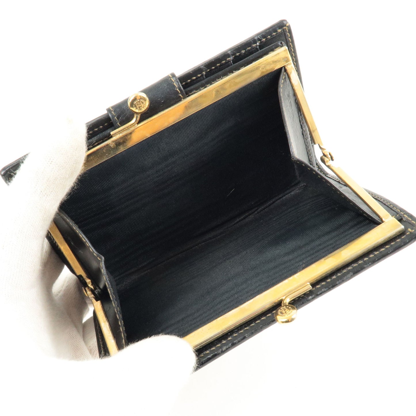 FENDI Pequin PVC Leather Kiss Lock Wallet Khaki Black 01692