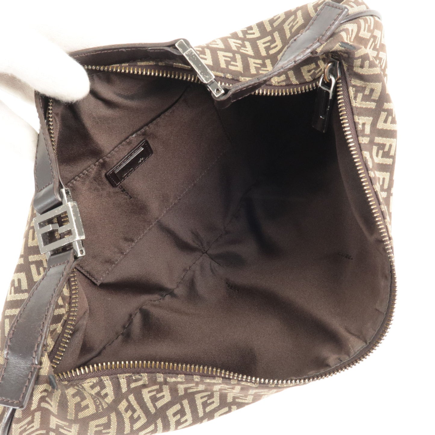 FENDI Zucchino Canvas Leather Shoulder Bag Beige Brown 8BR441