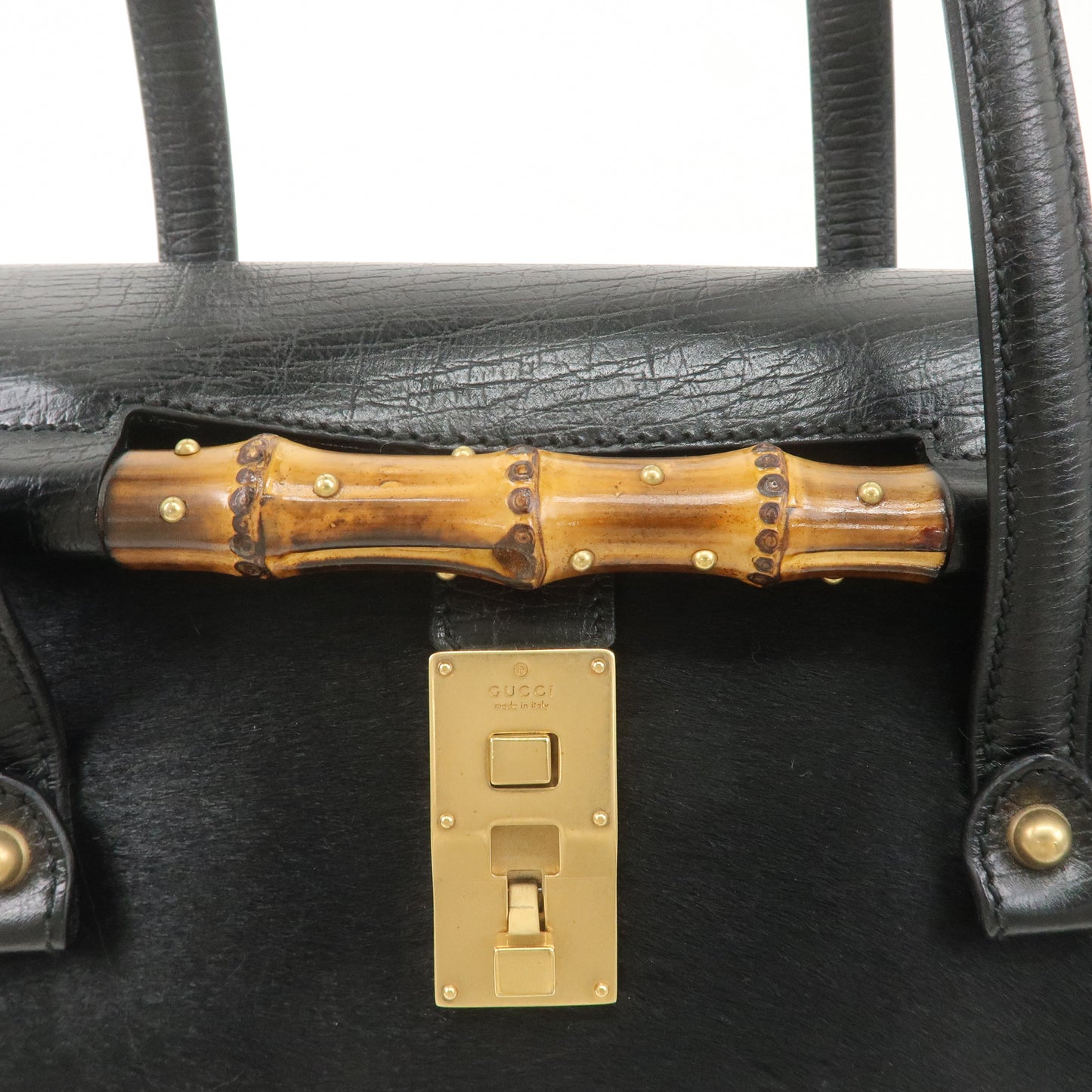 GUCCI Bamboo Leather Unborn Calf Boston Bag Black 114993