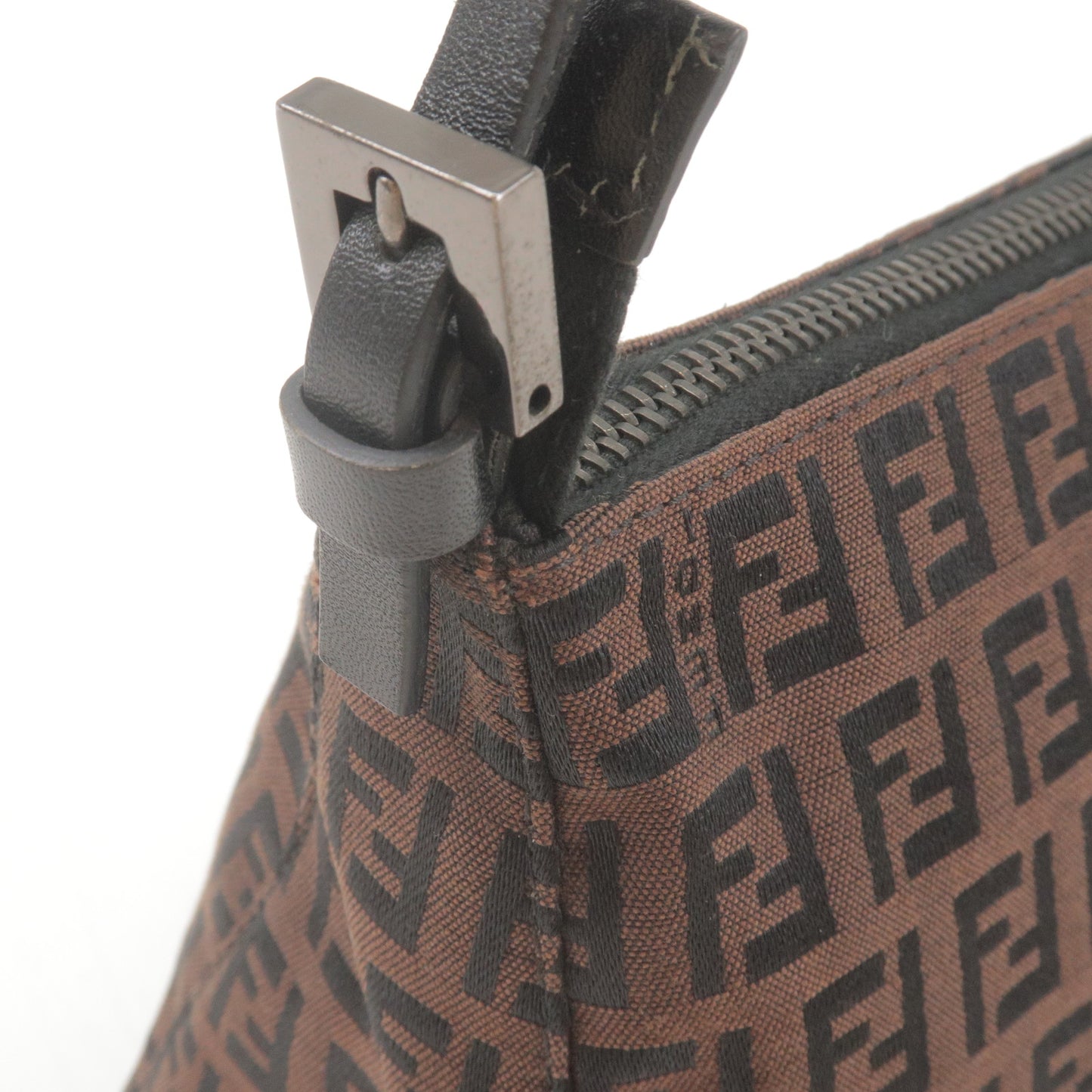 FENDI Zucchino Canvas Leather Shoulder Bag Black Brown 8BR156