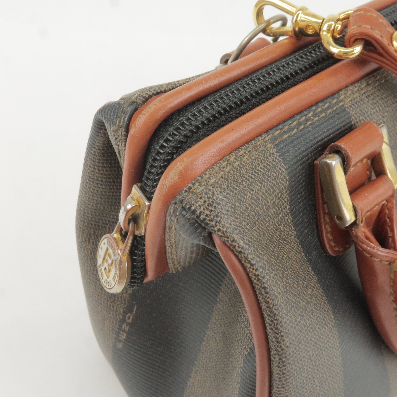 FENDI Vintage Handbag Pequin Satchel Stripe Purse Boston Excellent