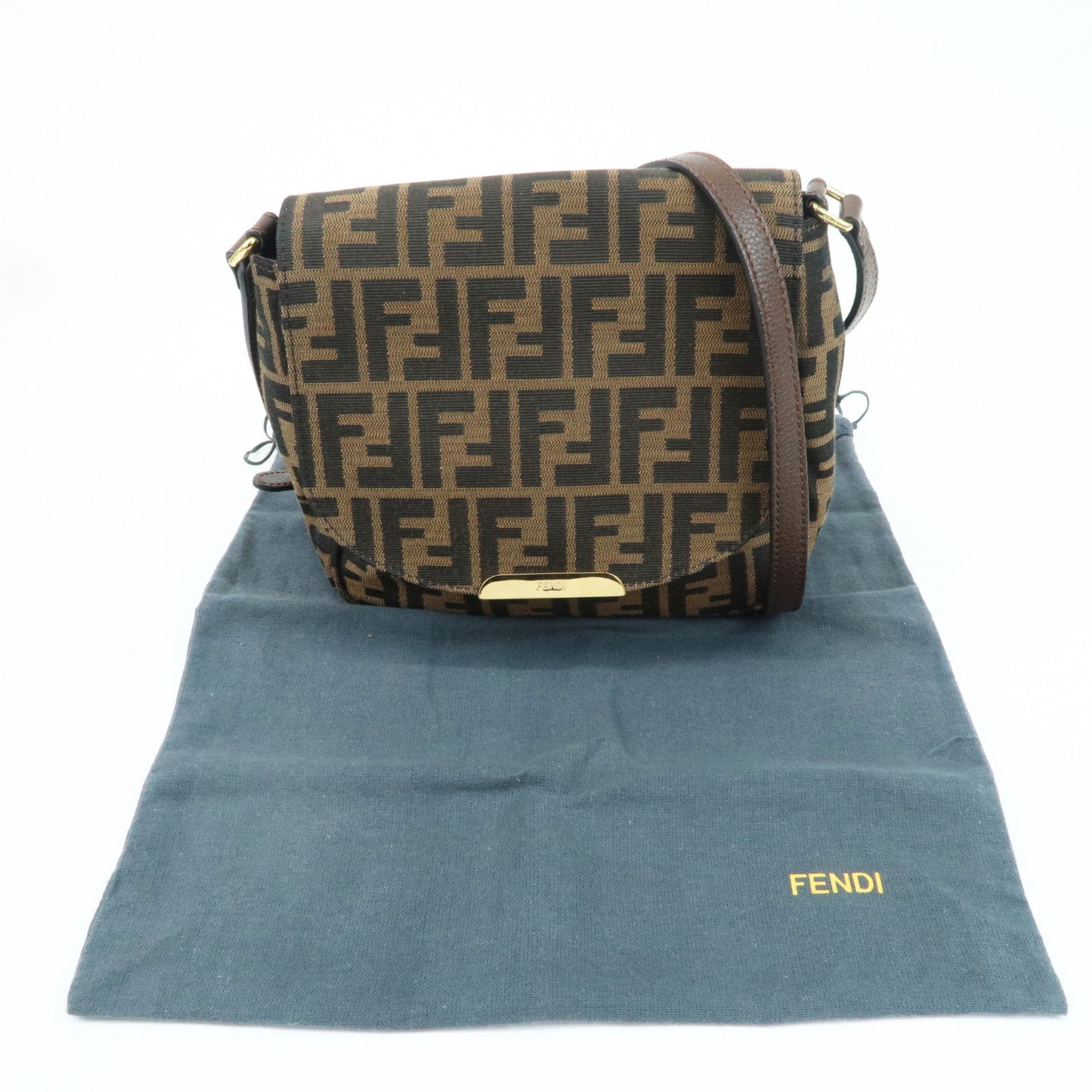 FENDI Zucca Canvas Leather Shoulder Bag Brown Black 8BT214