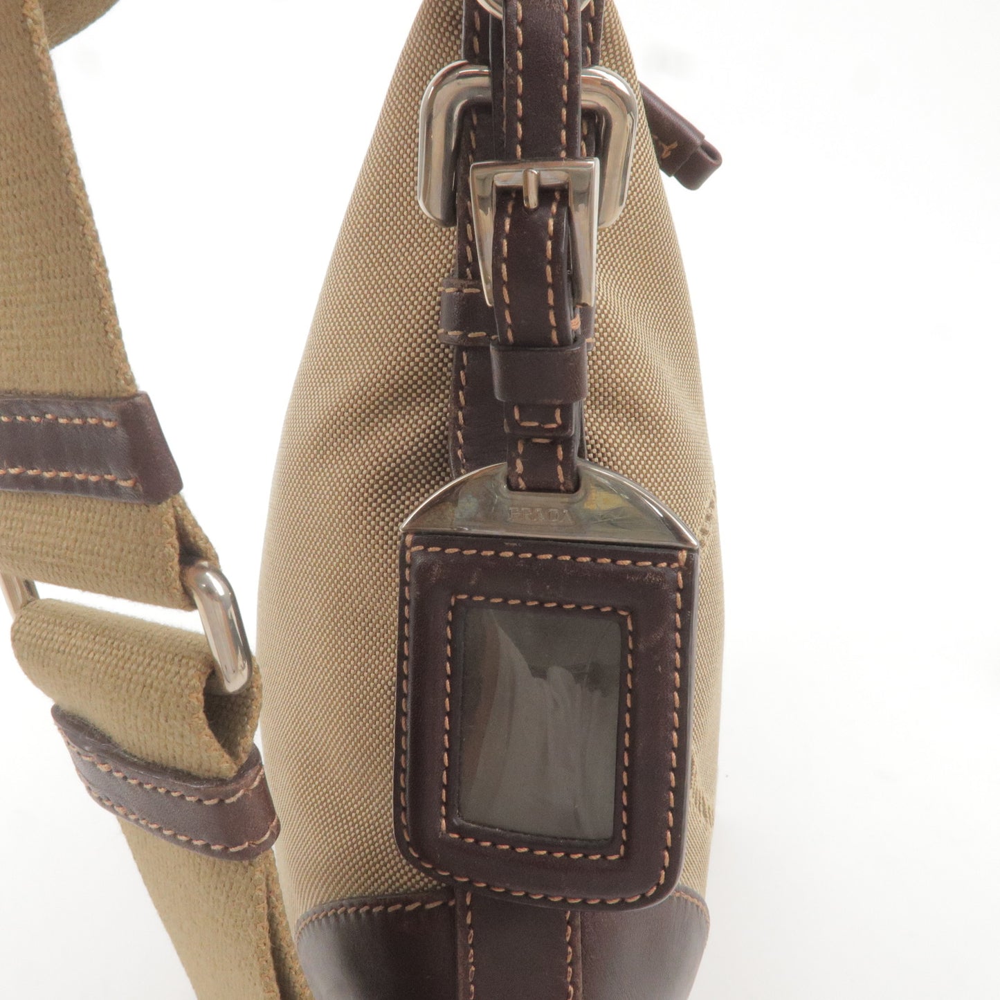 PRADA Logo Jacquard Leather Shoulder Bag Beige Brown BT0534