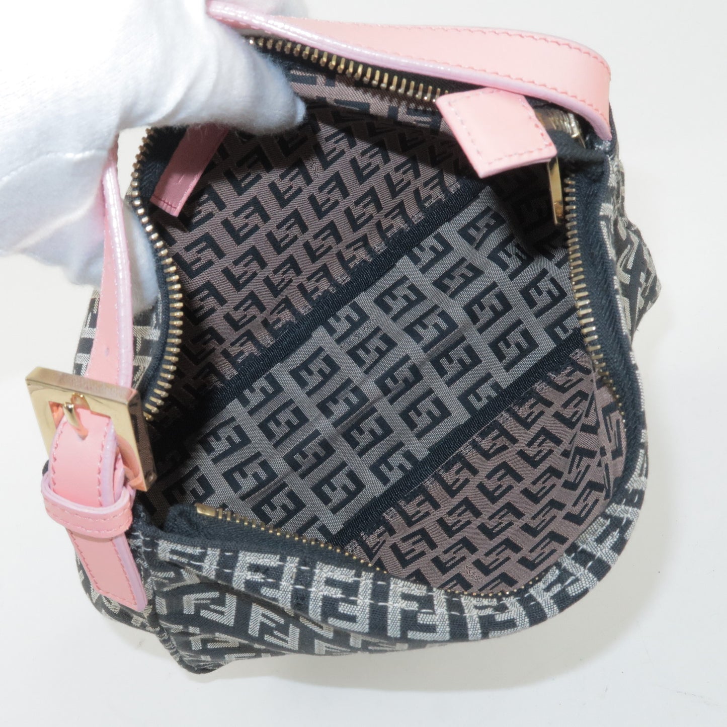 FENDI Zucchino Canvas Leather Hand Bag Black Gray Pink 8N0005