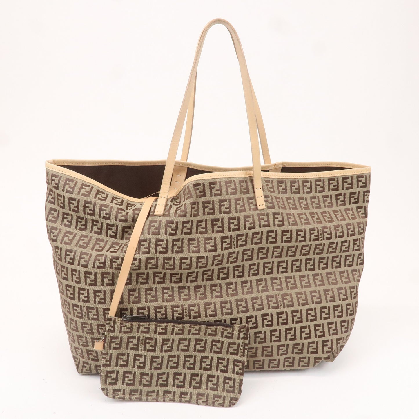 FENDI Zucchino Canvas Leather Tote Bag Beige Brown 8BH005