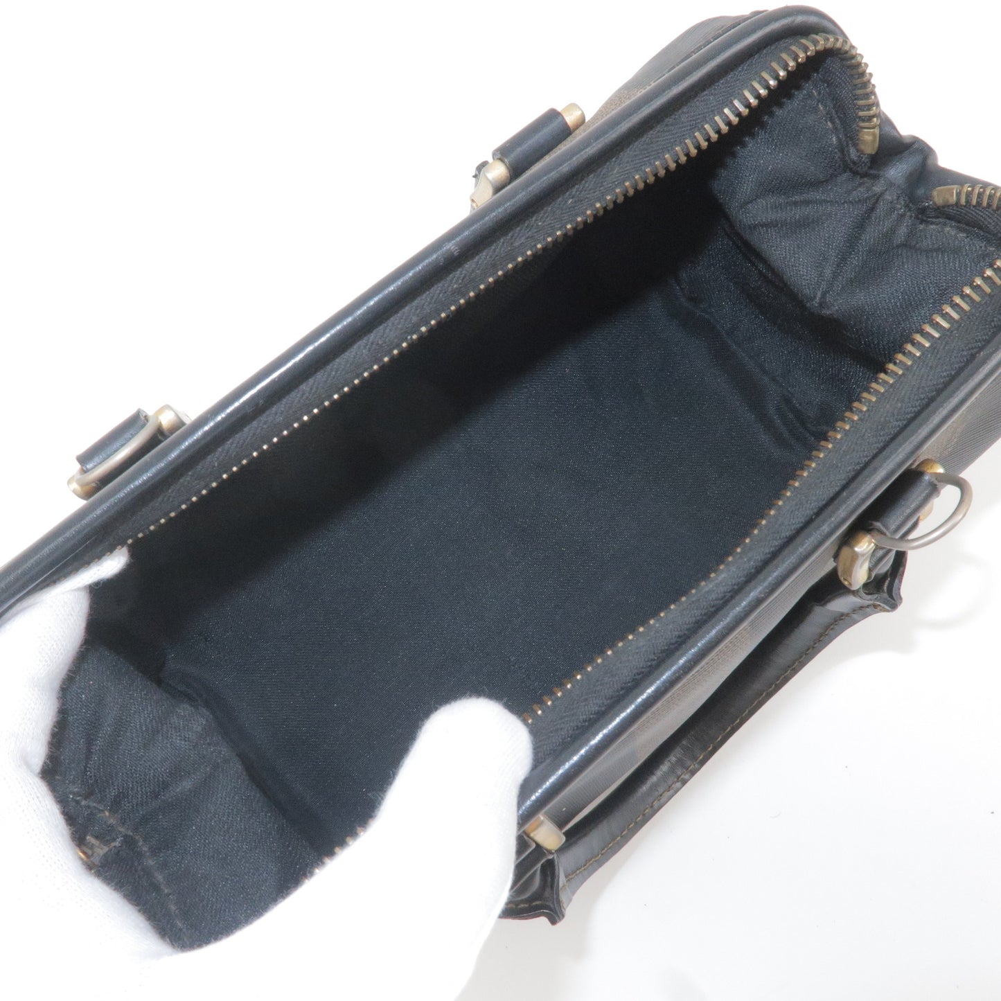 FENDI Pequin PVC Leather Boston Bag Hand Bag Khaki Black