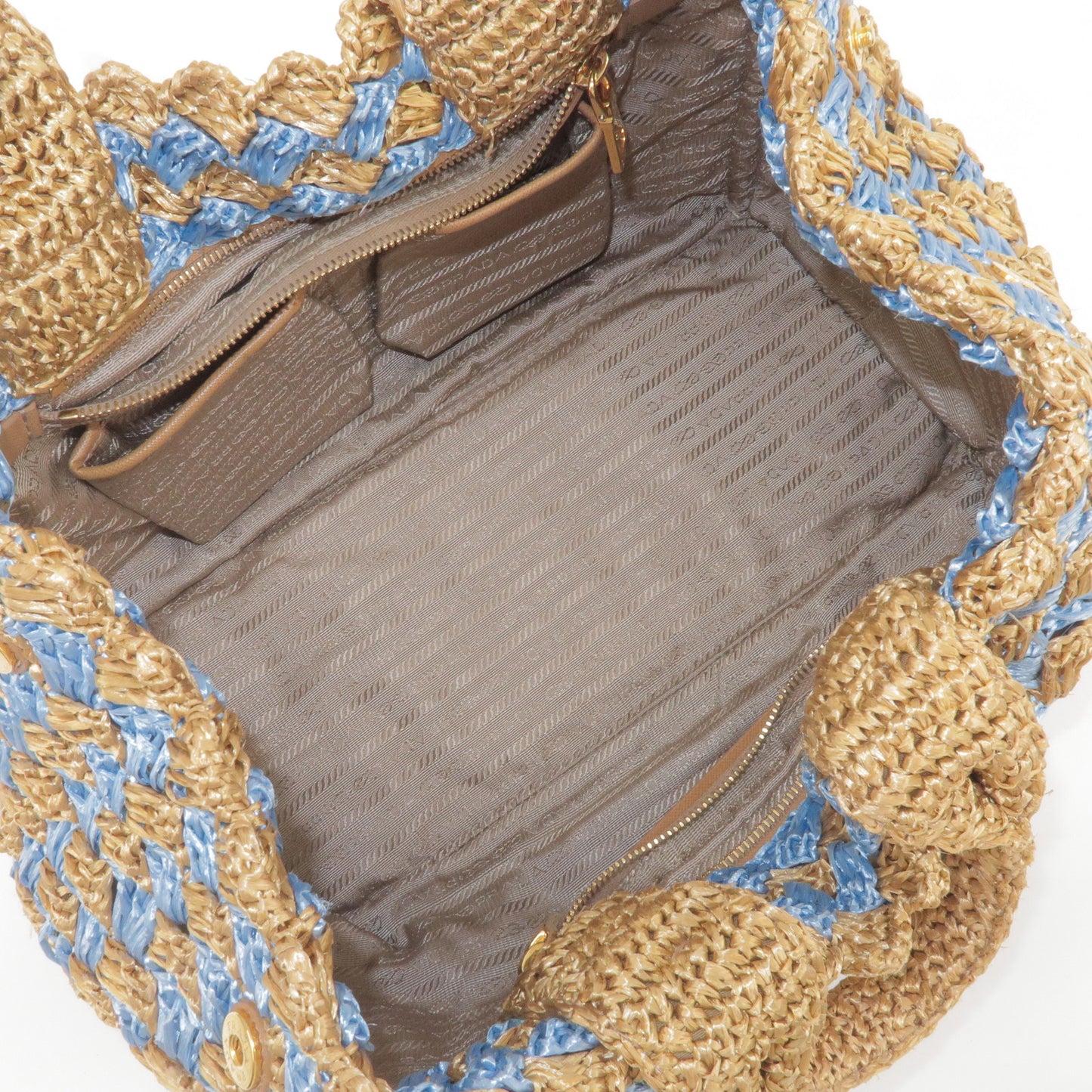 PRADA Raffia Crochet Canapa Tote Bag Blue Beige BN2303