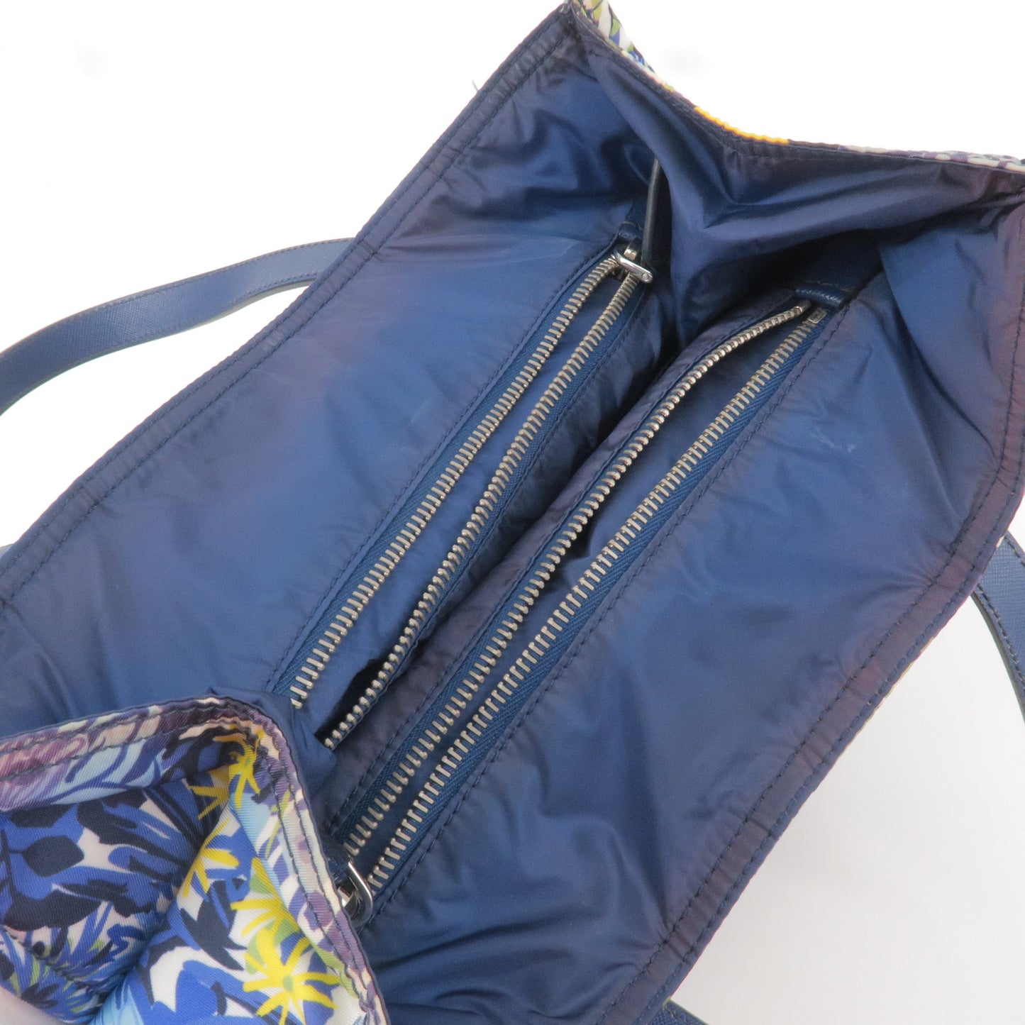 PRADA Logo Nylon Leather Tote Bag Floral Print Blue BN2851
