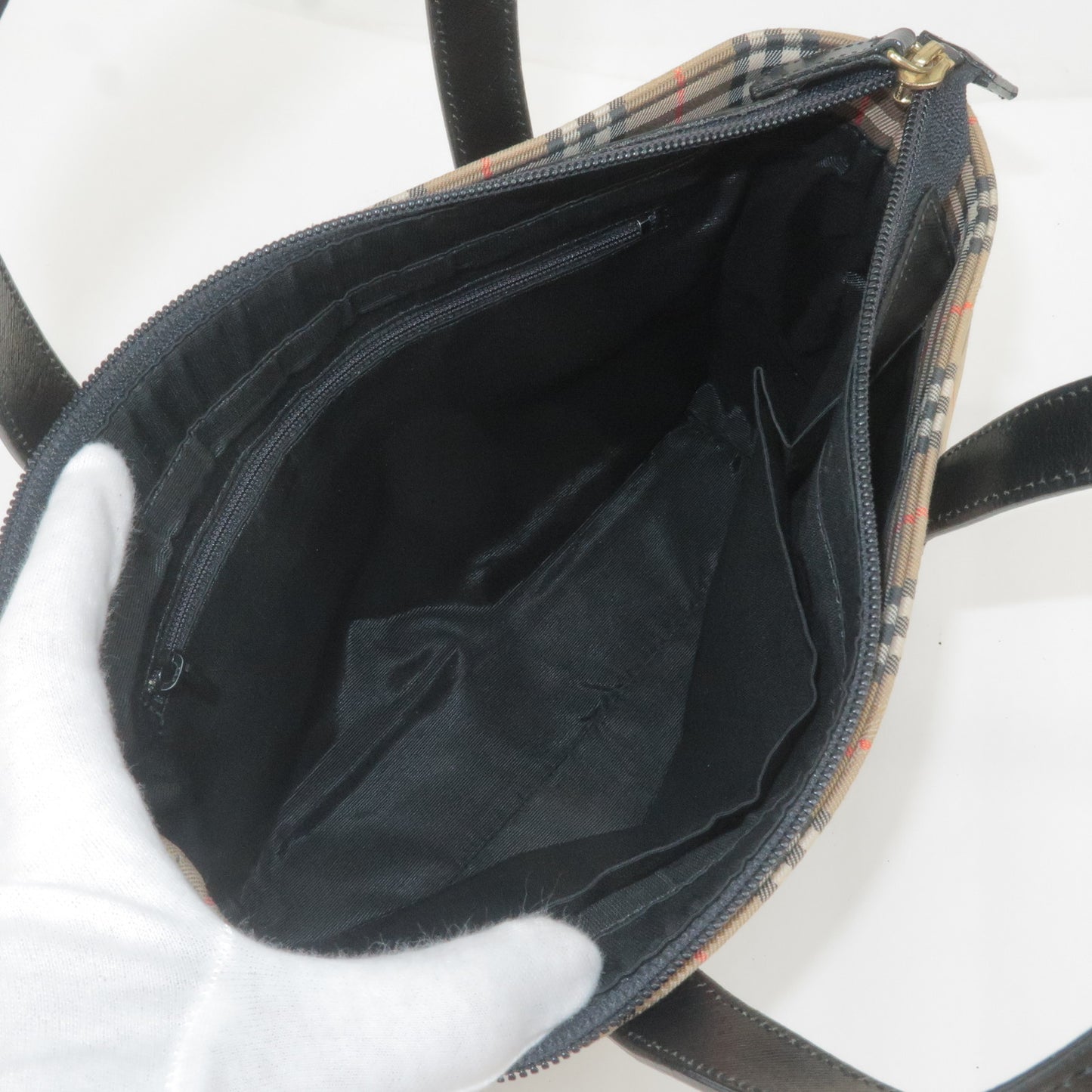 BURBERRY Nova Plaid Canvas Leather Hand Bag Beige Black