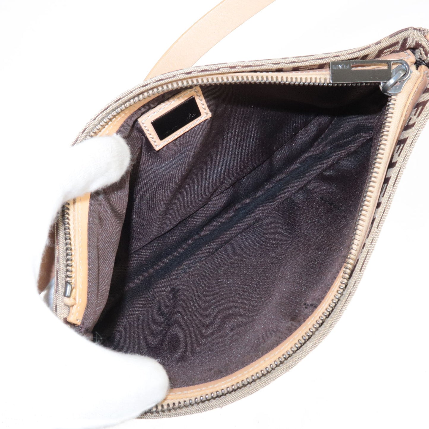 FENDI Zucchino Canvas Leather Shoulder Bag Beige Brown 8BR042