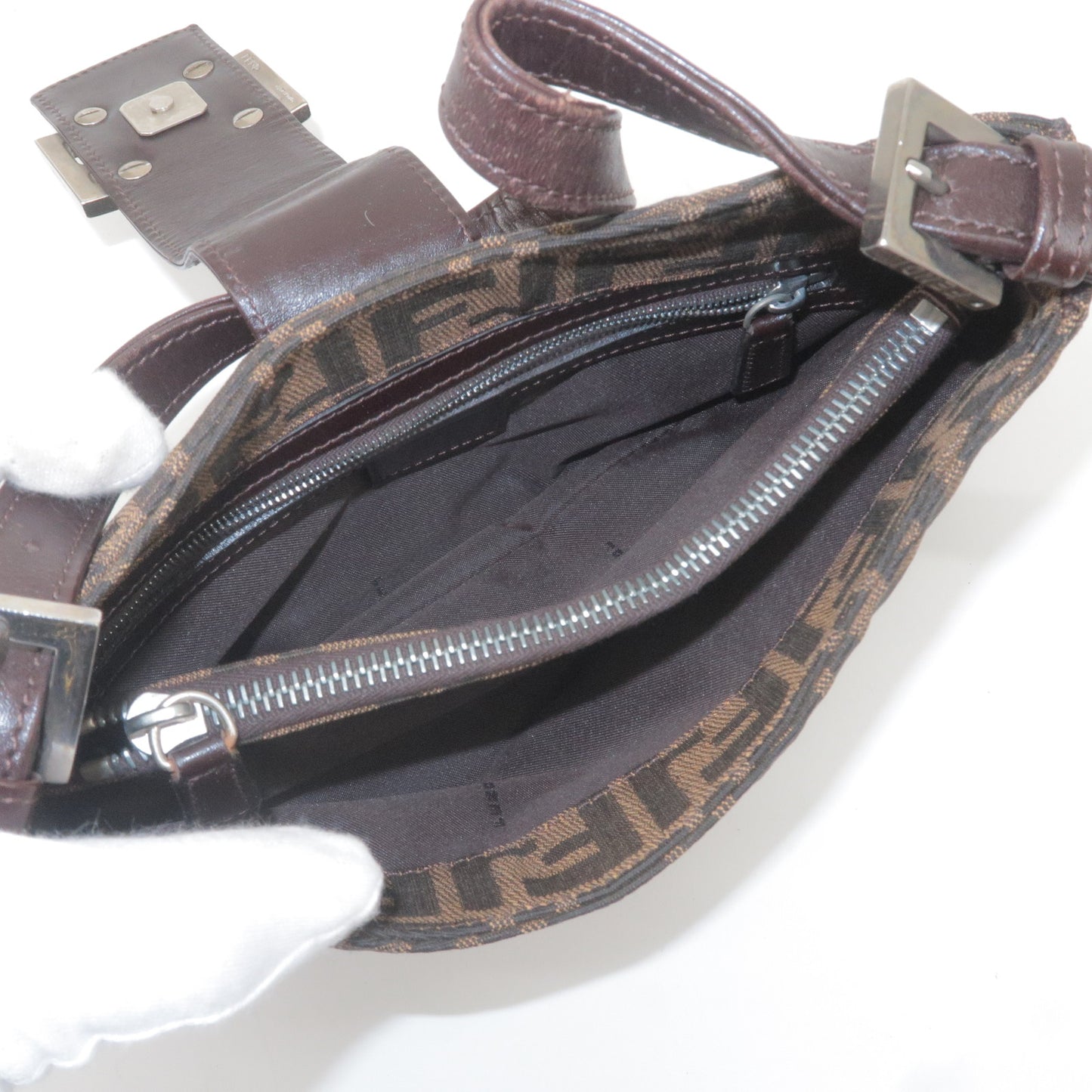 FENDI Zucca Canvas Leather Shoulder Bag Brown Black 0961153001