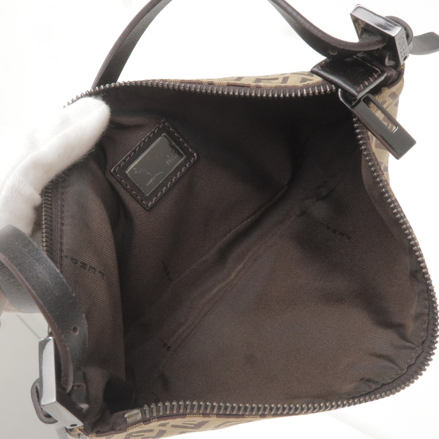 FENDI Zucchino Canvas Leather Shoulder Bag Beige Brown 8BR133