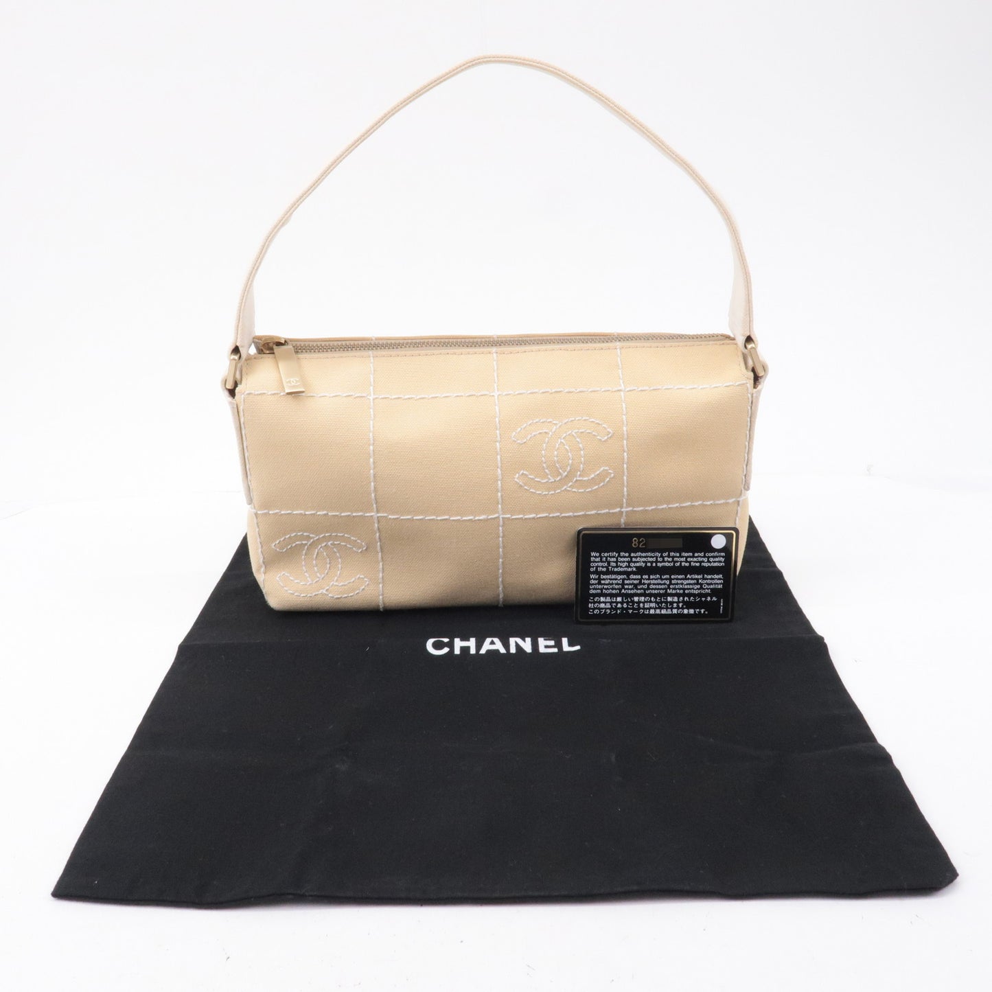 CHANEL Chocolate Bar Canvas Hand Bag Shoulder Bag Beige