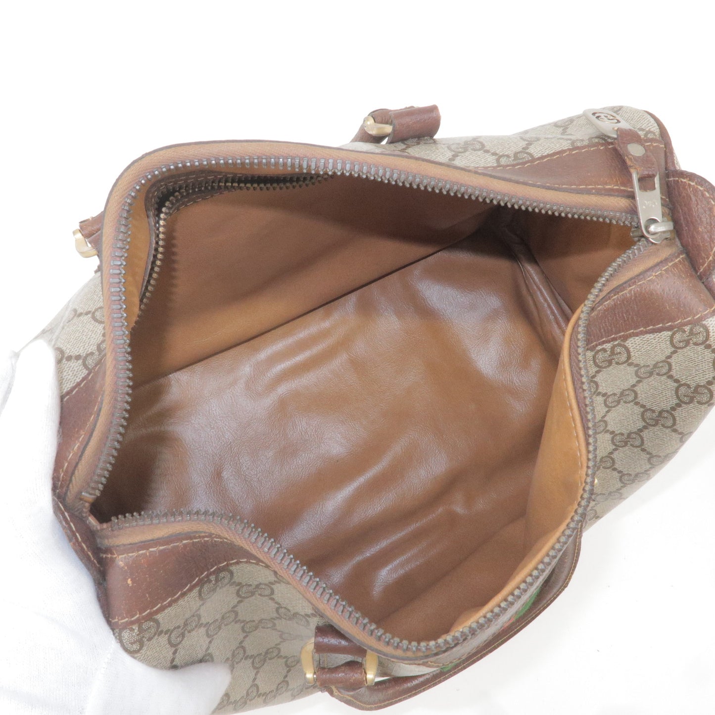 GUCCI Sherry Old Gucci GG Supreme Leather Boston Bag Beige Brown