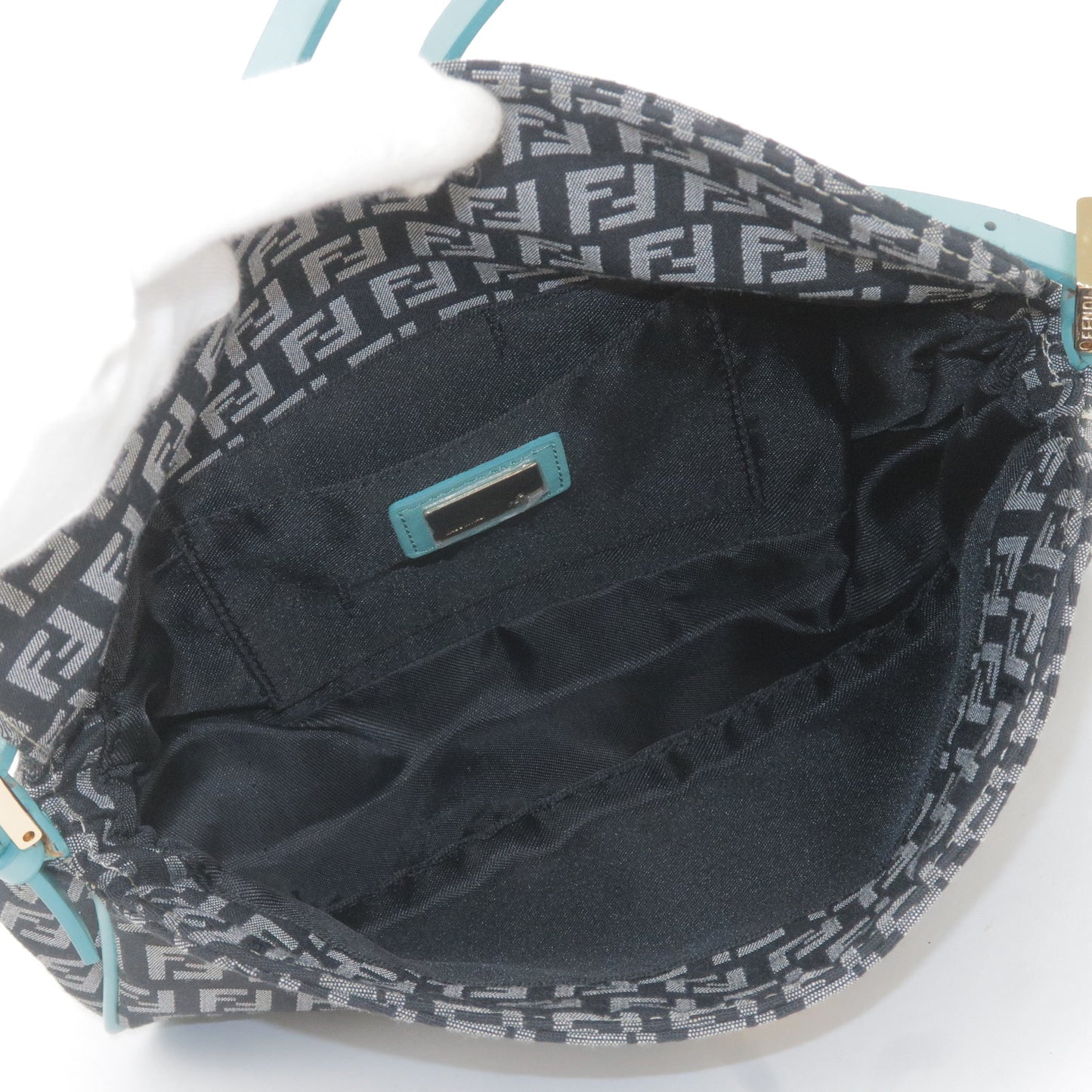 FENDI Zucchino Canvas Leather Shoulder Bag Black Light Blue 8BR145