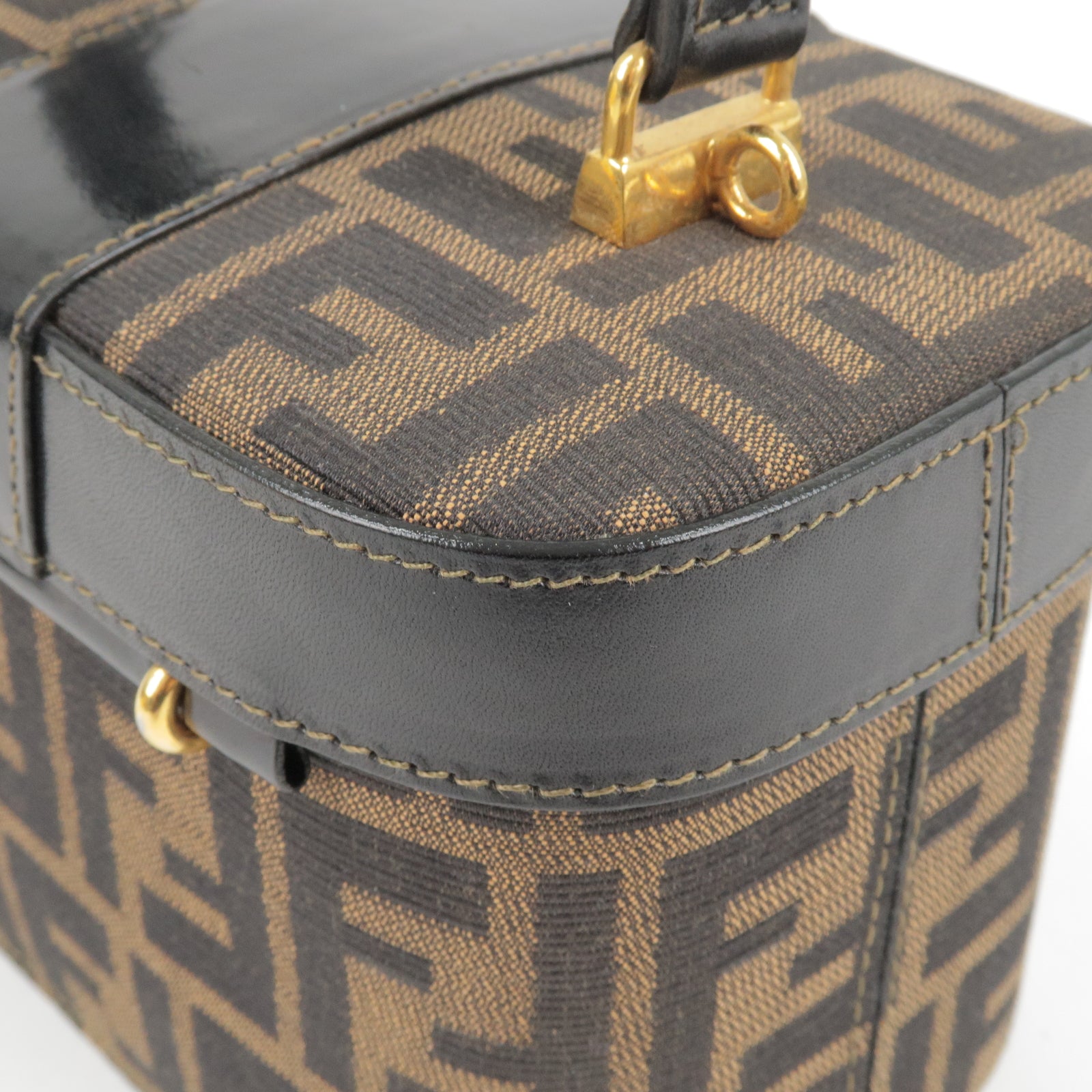 FENDI Zucca Canvas Leather Vanity Bag Makeup Box Khaki Black in 2023