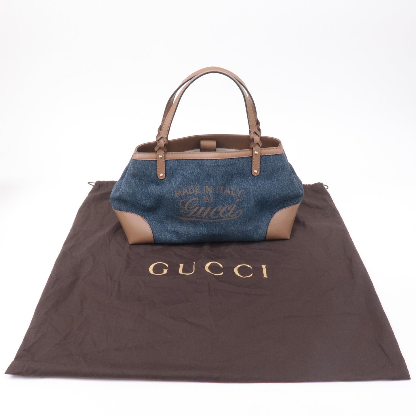 GUCCI Craft Denim Leather Tote Bag Hand Bag Navy Brown 348715