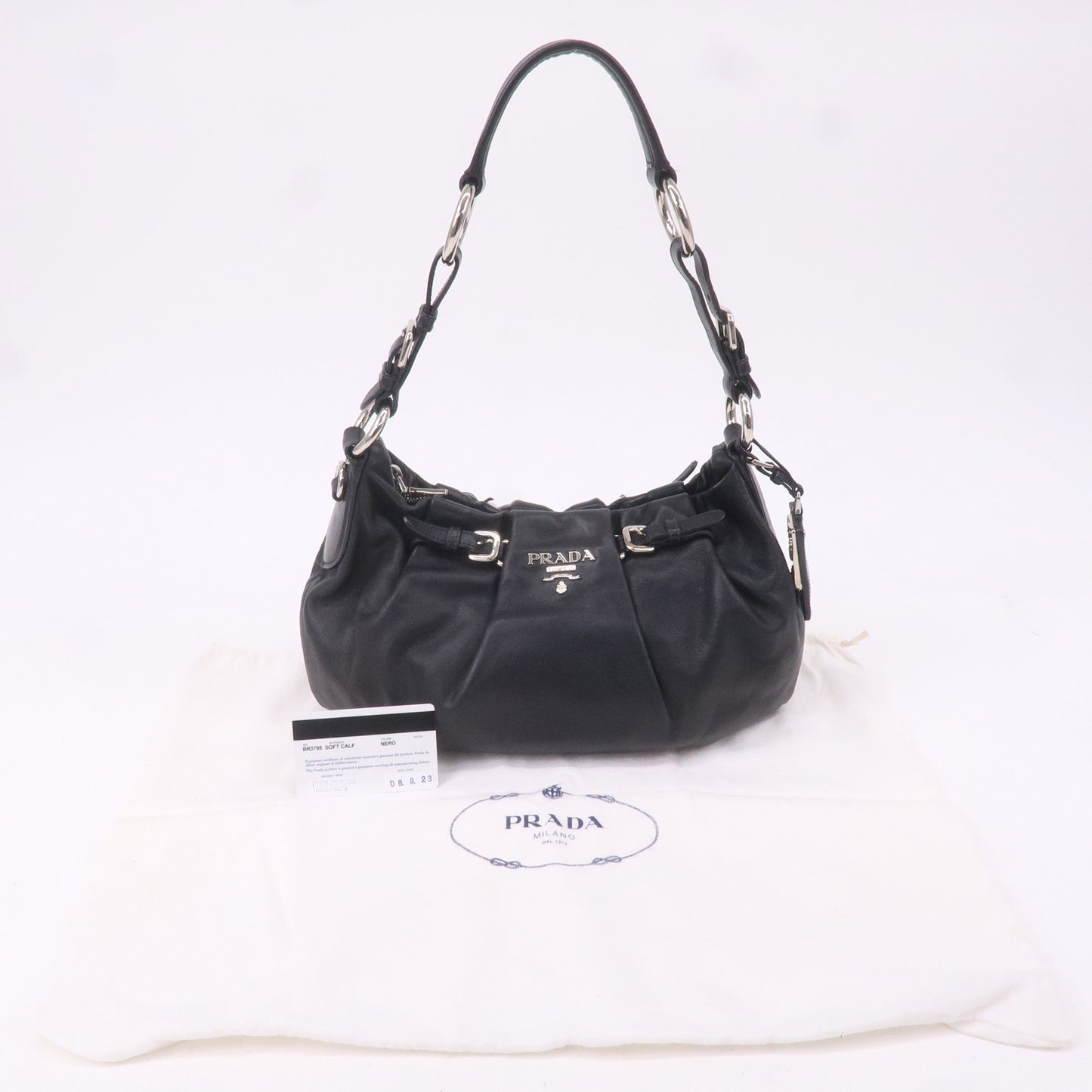 PRADA Logo Leather Shoulder Bag Hand Bag Black BR3795