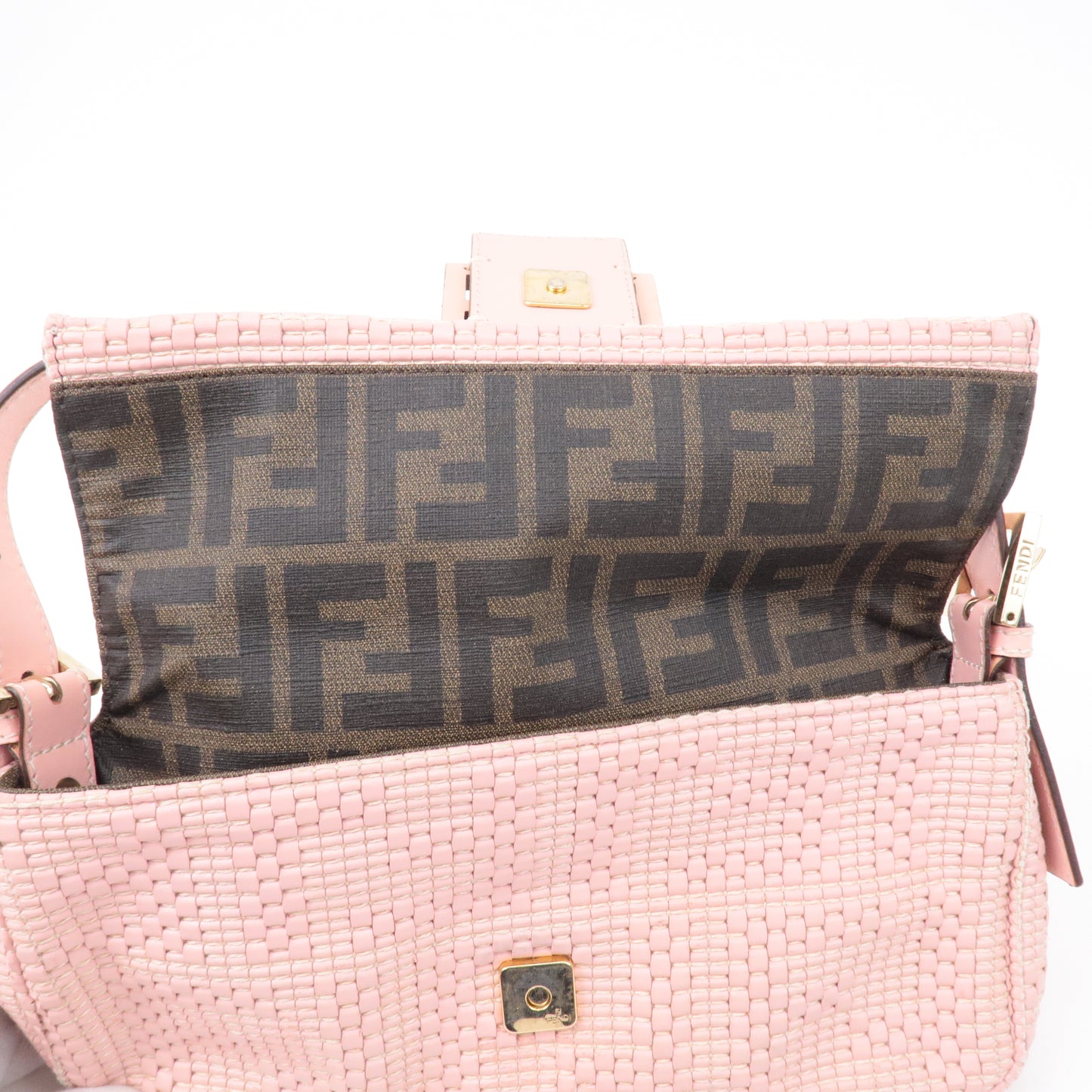 FENDI Mamma Baguette Leather Braided Shoulder Bag Pink 8BR600
