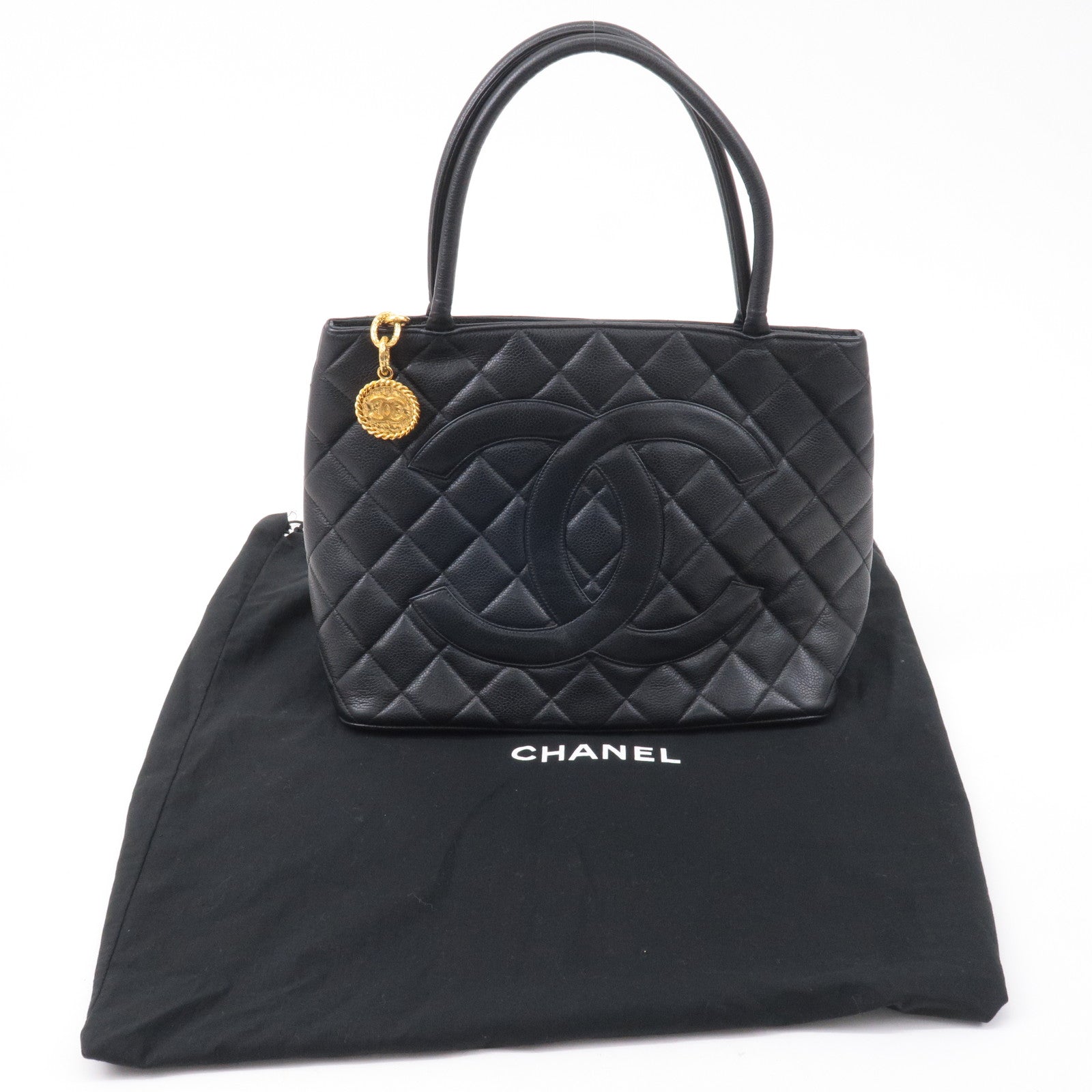 Chanel Medallion Quilted Hand Tote Bag Purse Black Caviar Skin
