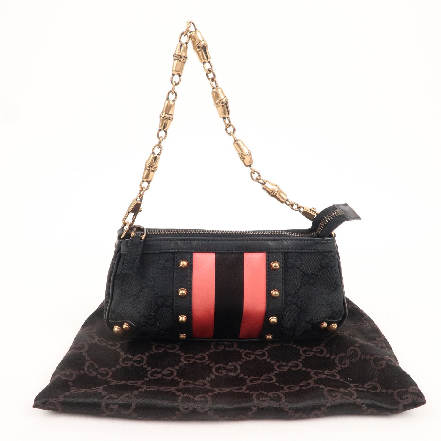 GUCCI Sherry Bamboo GG Canvas Leather Chain Bag Black 129423