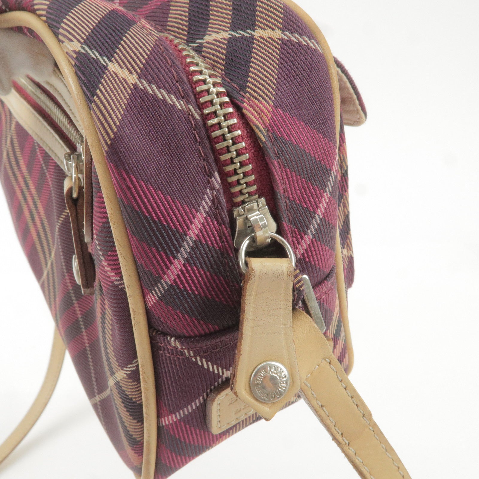 Authentic Burberry Blue Label Nova check Pink Nylon Canvas Leather Handbag  Small