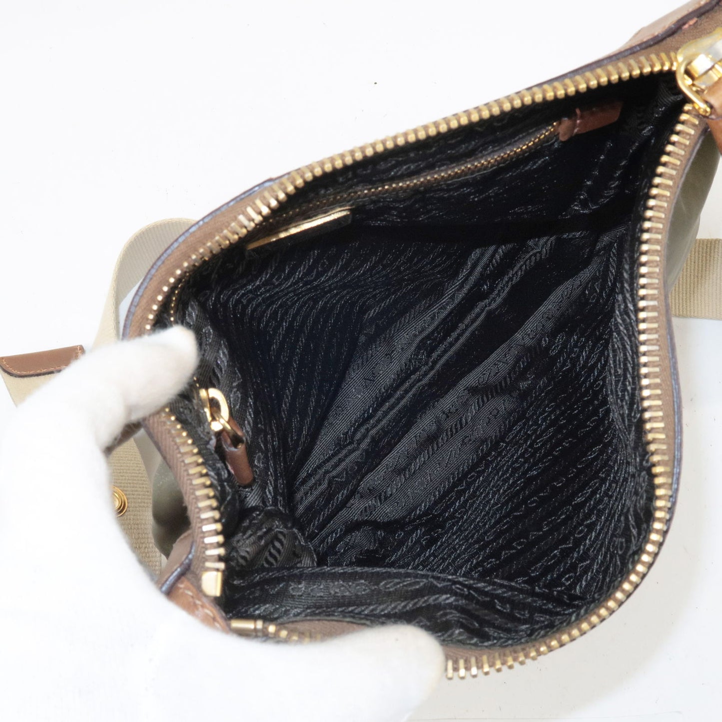 PRADA Nylon Leather Shoulder Bag Khaki Brown