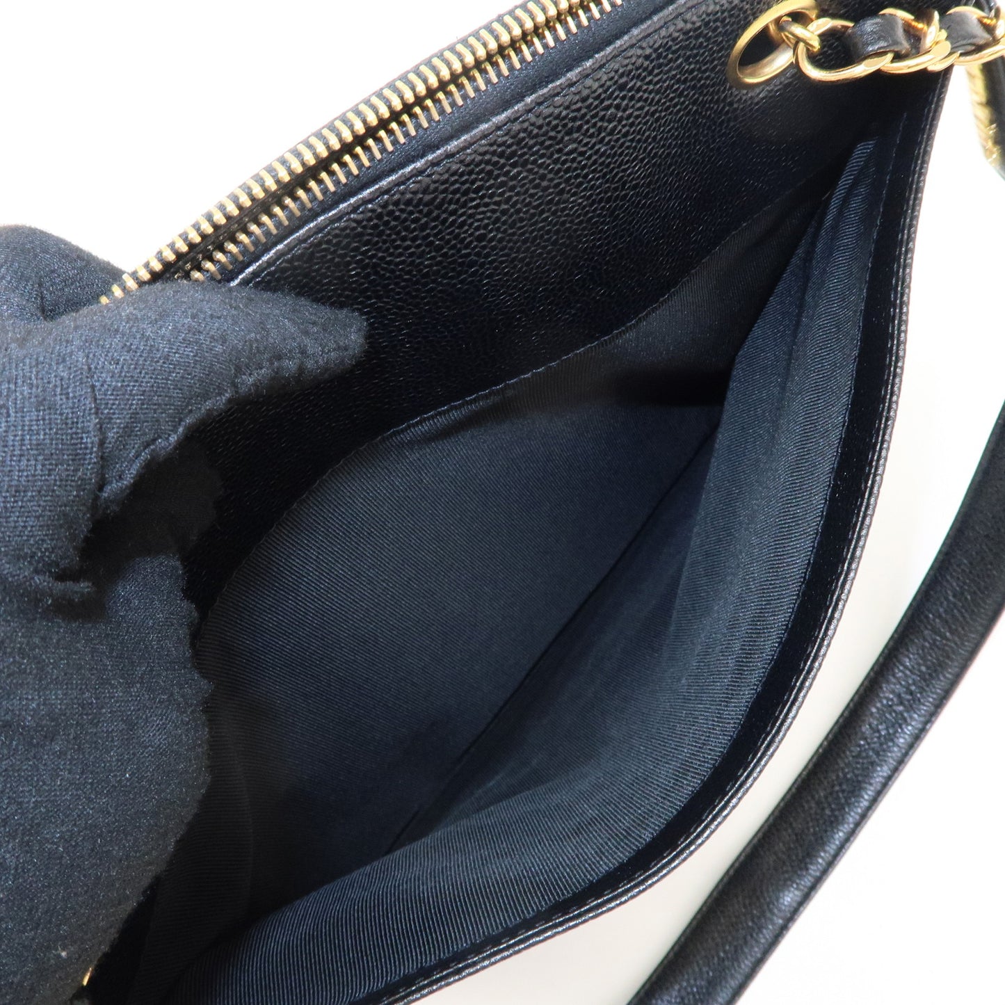 CHANEL Caviar Skin Chain Tote Bag Shoulder Bag Black Gold HDW