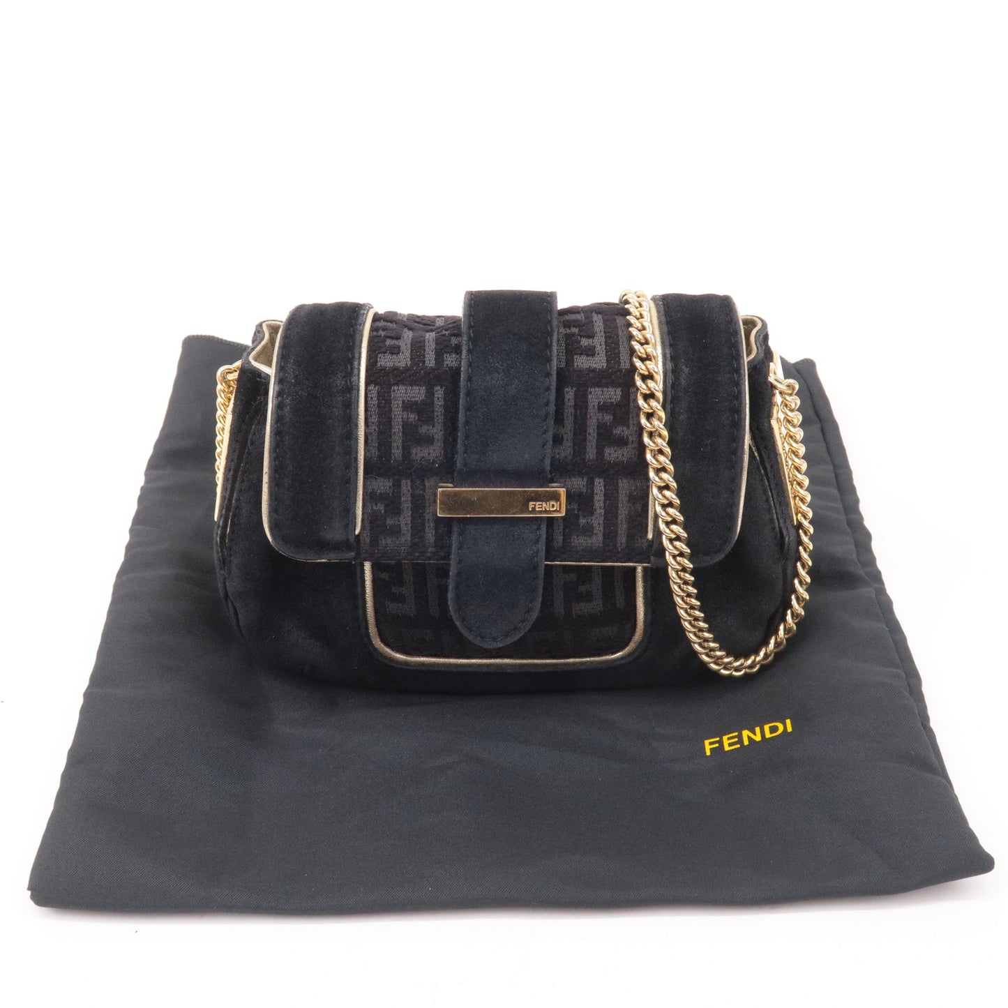 FENDI Zucchino Suede Canvas Chain Shoulder Bag Black 8BT078