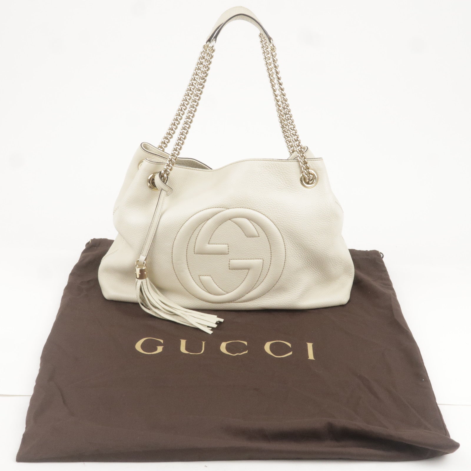 Authentic-GUCCI-SOHO-Leather-Chain-Shoulder-Bag-Tote-Bag-Ivory-308982-Used-F/S