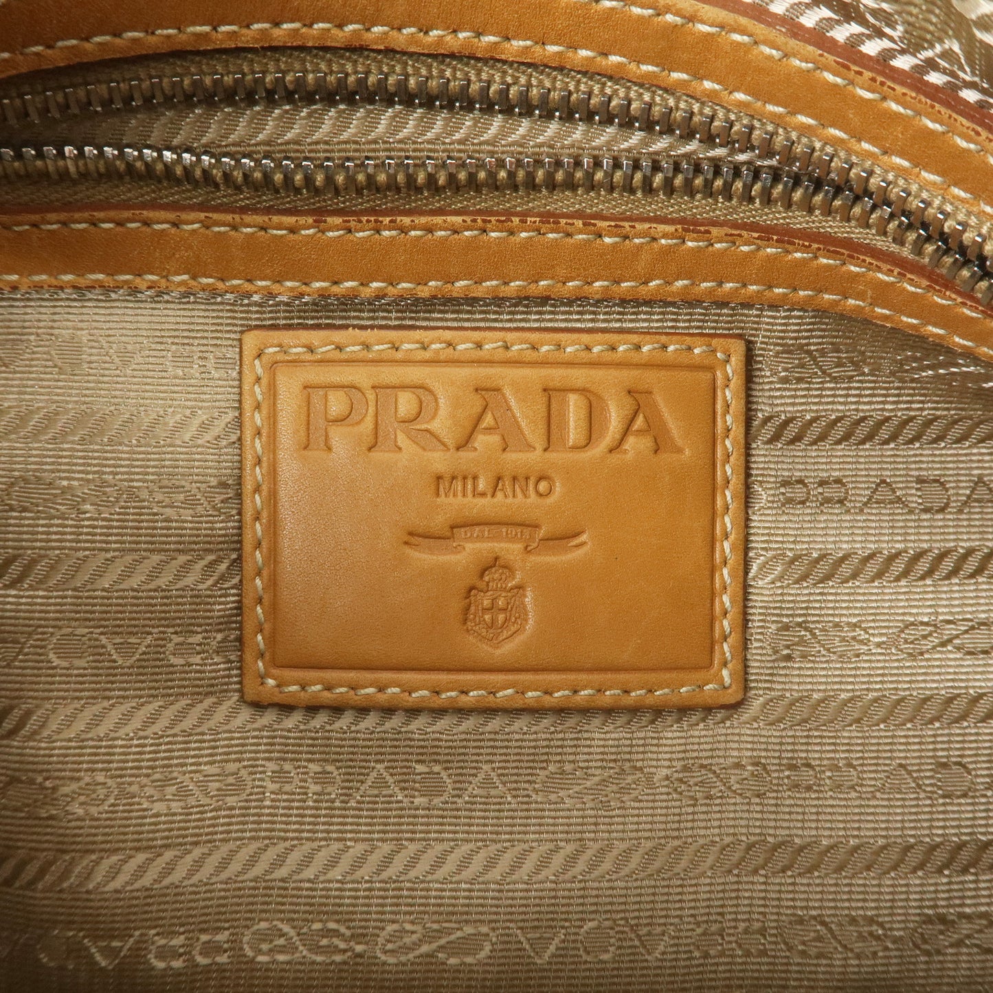 PRADA Logo Jaquard Leather Shoulder Bag Beige Brown