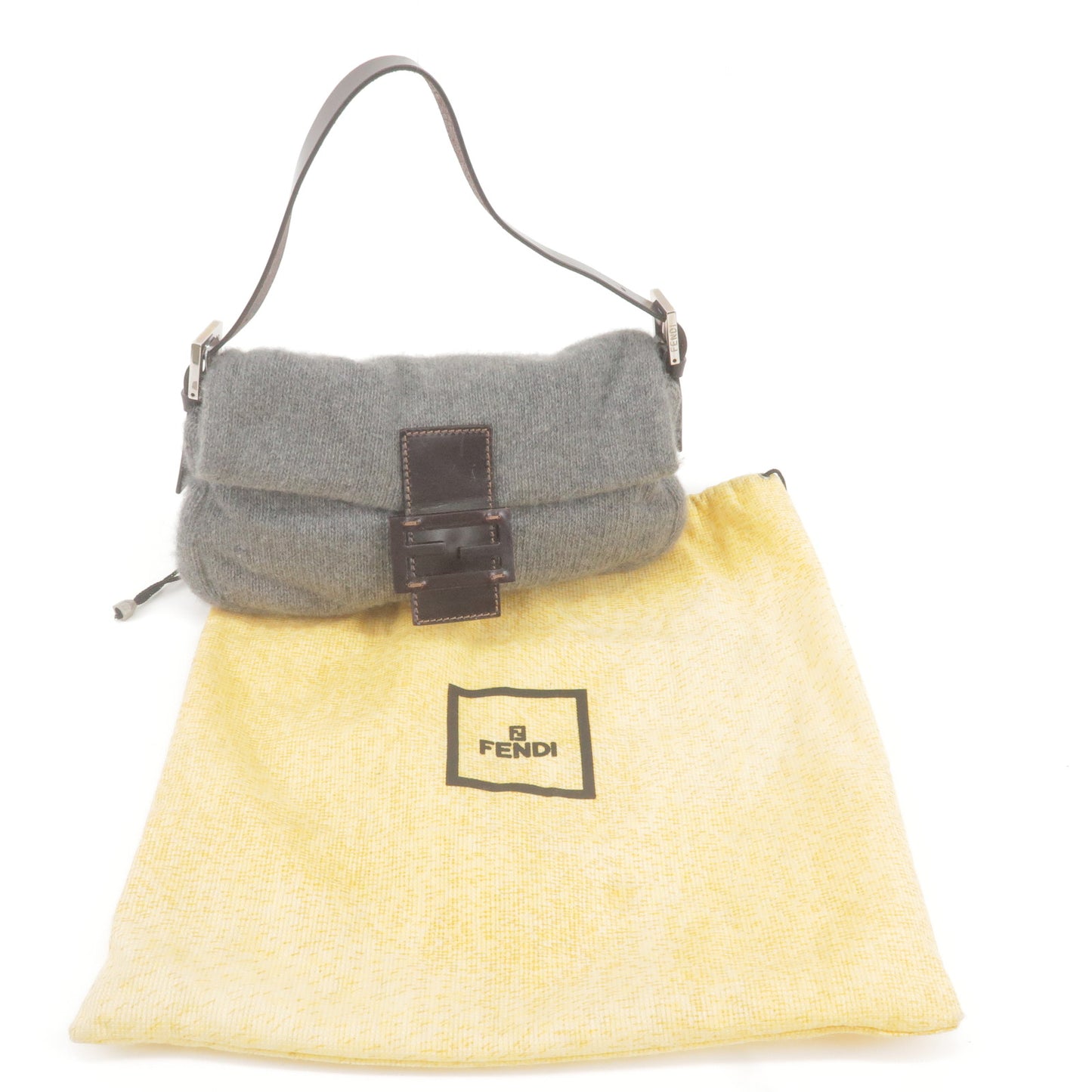 FENDI Mamma Baguette Knit Leather Shoulder Bag Gray 26424