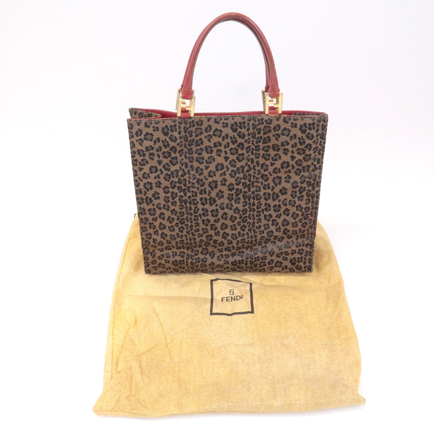 FENDI Canvas Leather Leopard Tote Bag Hand Bag Brown Red