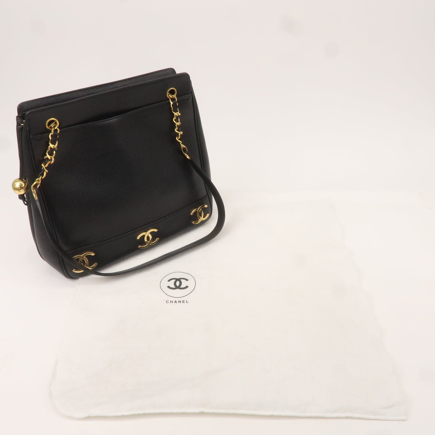 CHANEL Caviar Skin Triple Coco Chain Tote Bag Black Gold