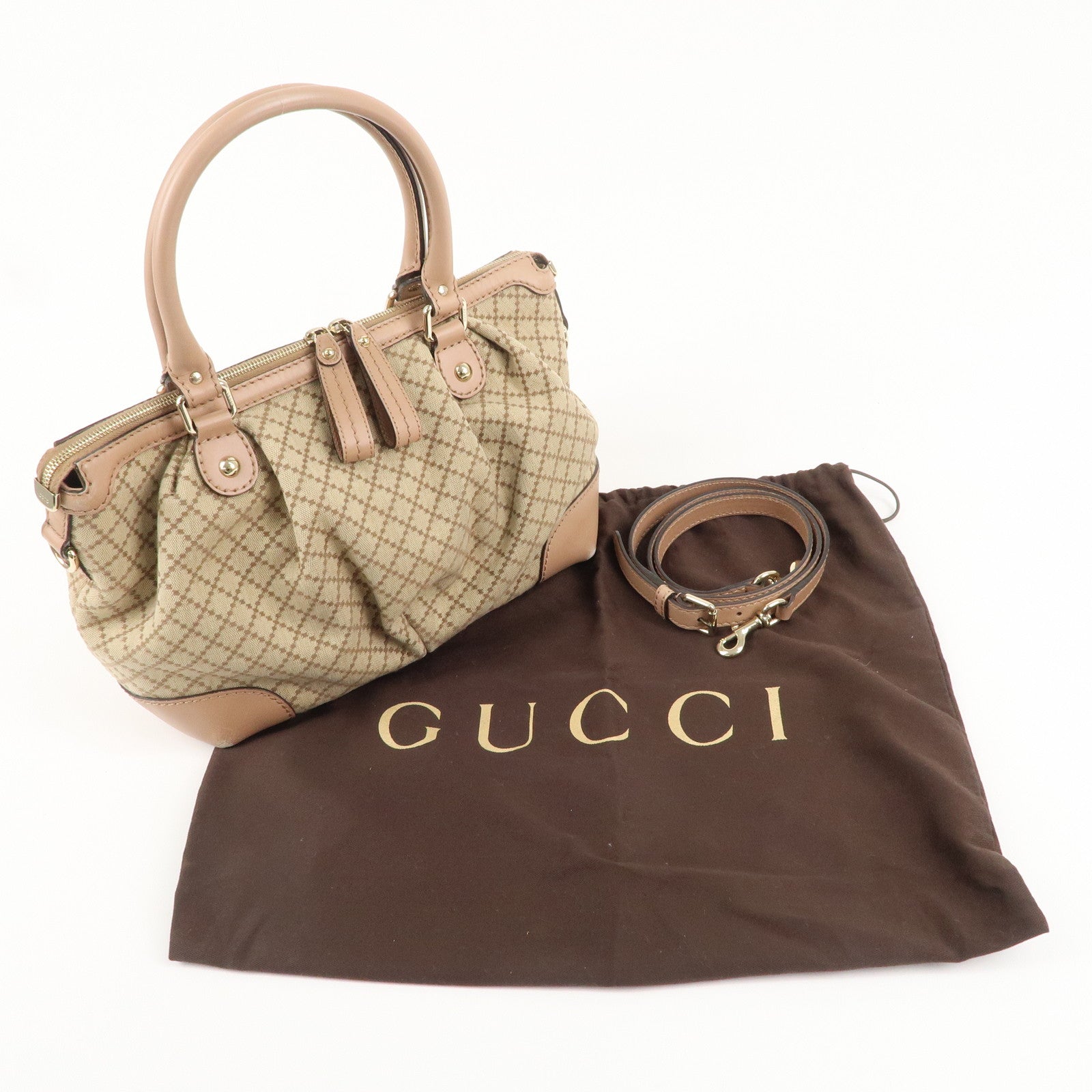 GUCCI Diamante Canvas Leather 2way Bag Hand Bag Pink Beige 247902