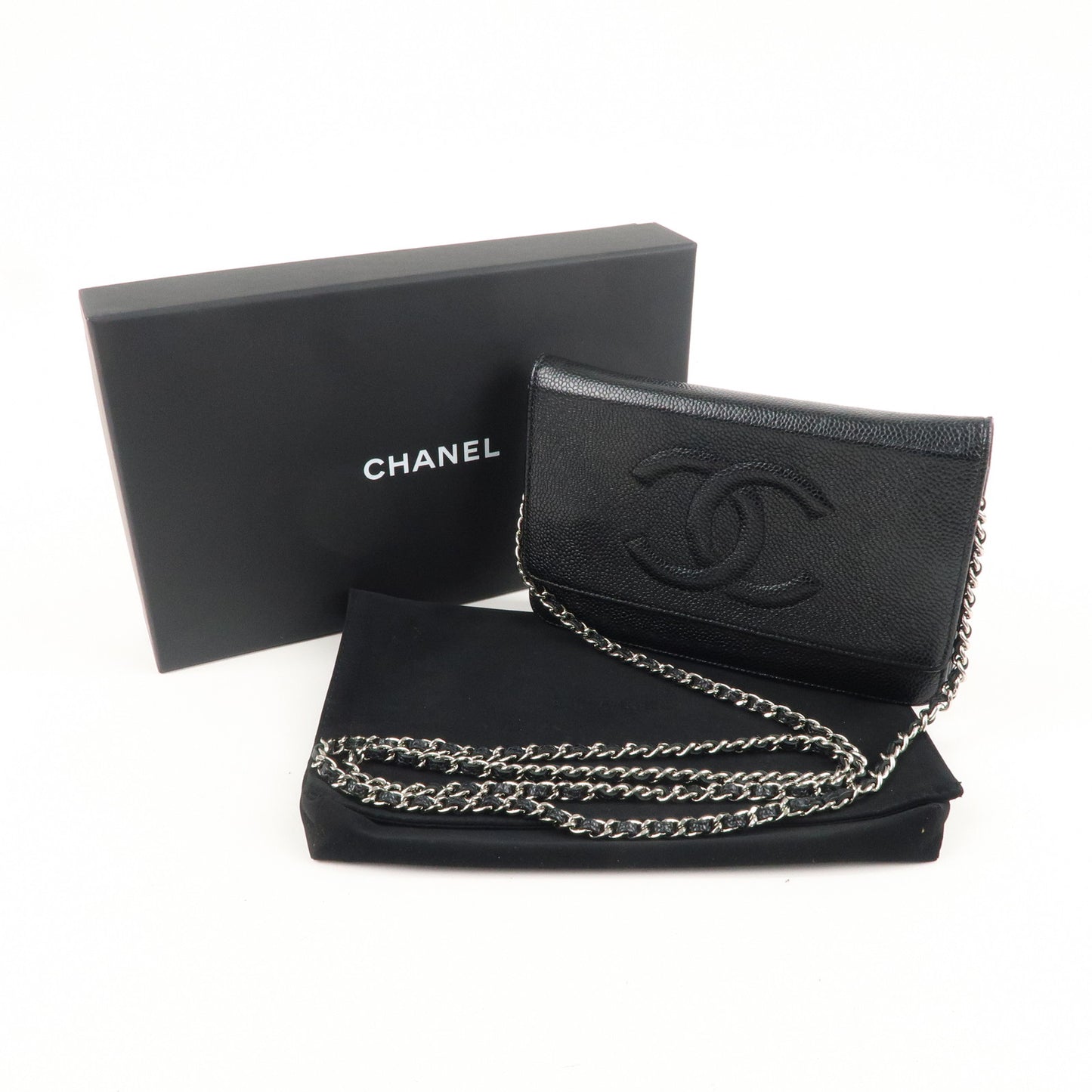 CHANEL Coco Mark Caviar Skin Chain Wallet WOC Black A48654