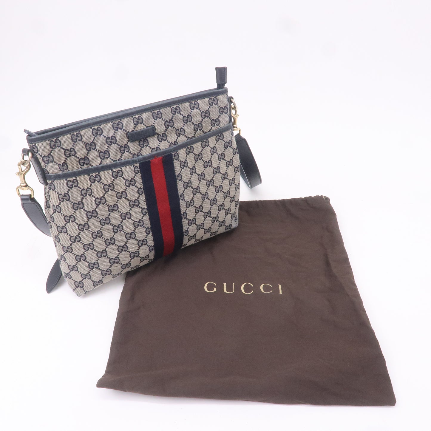 GUCCI Sherry GG Canvas Leather Shoulder Bag Navy Beige 388926