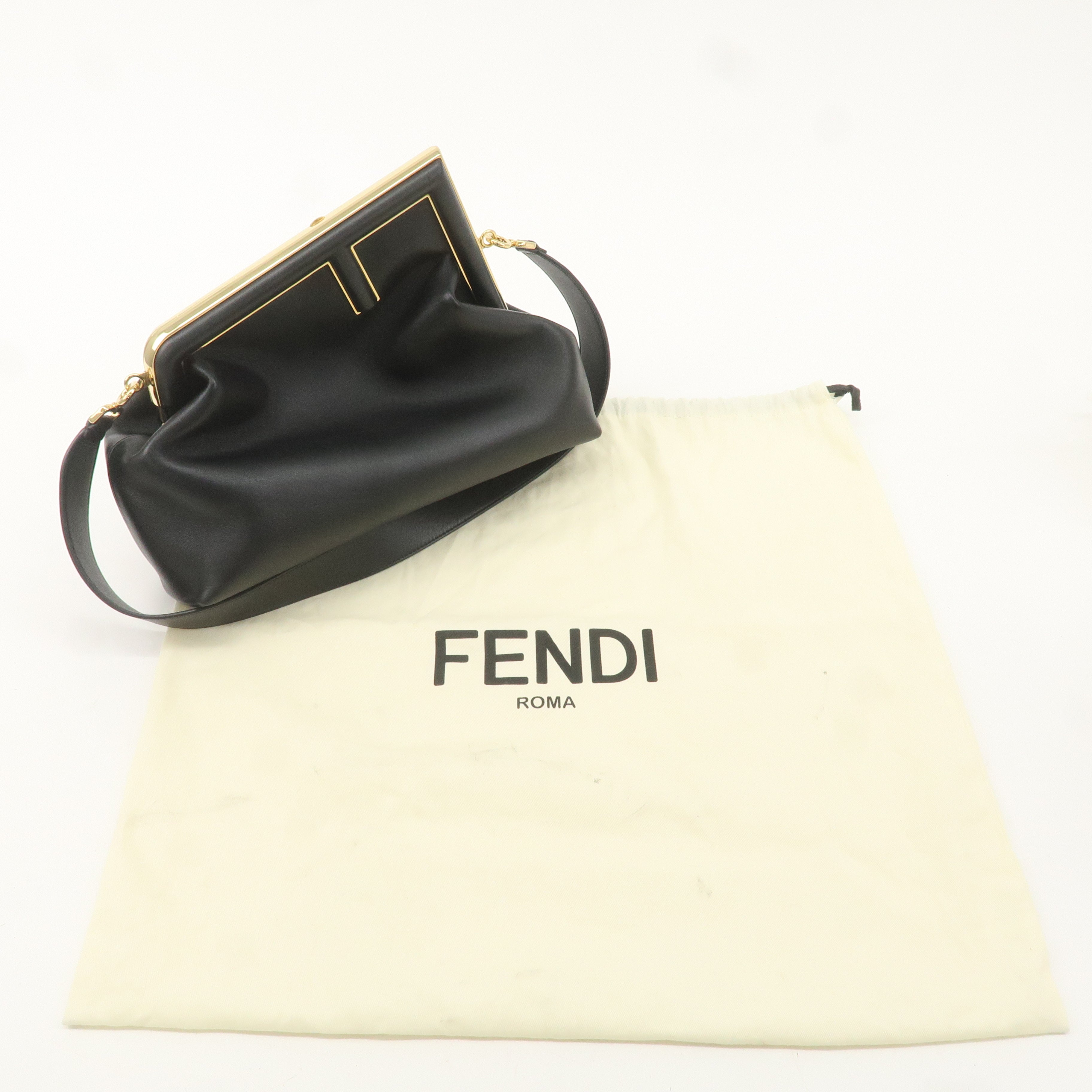 FENDI Leather First Medium 2Way Clutch Shoulder Bag Black 8BL127