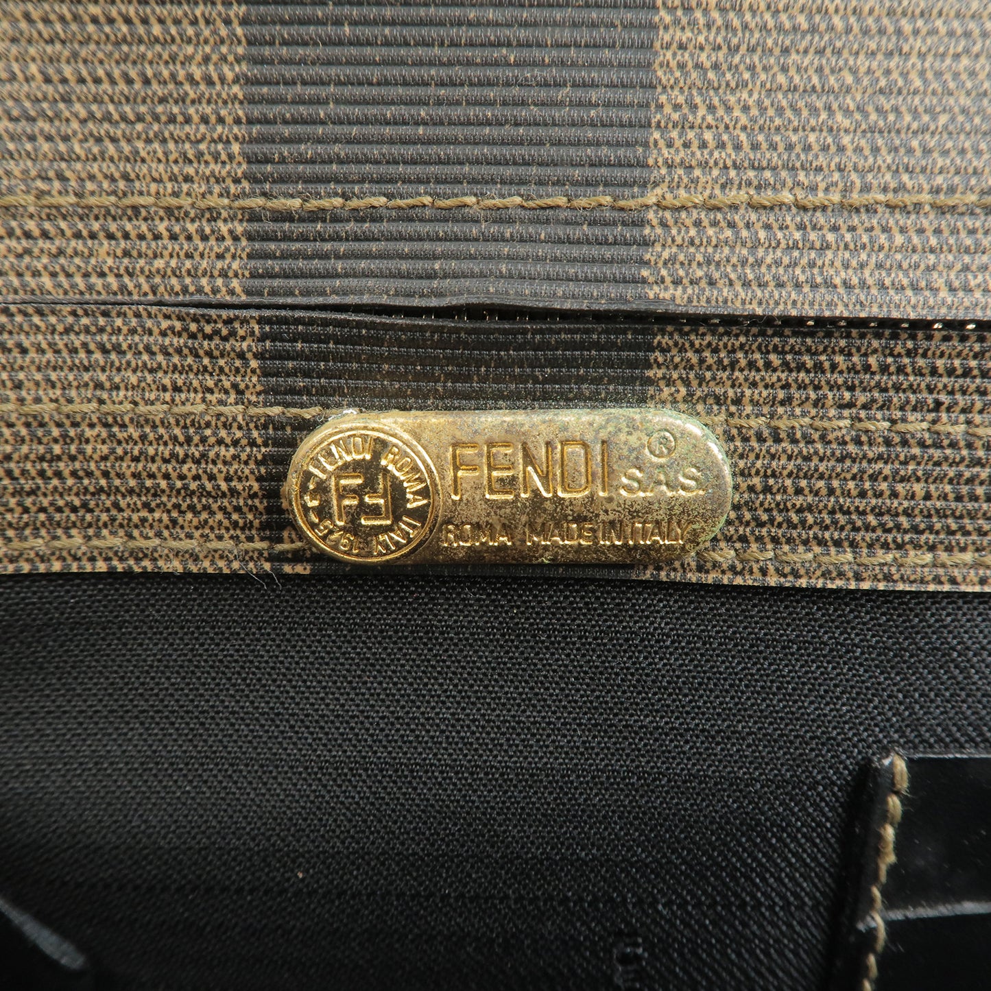 FENDI Pequin PVC Leather Business Bag Hand Bag Khaki Black