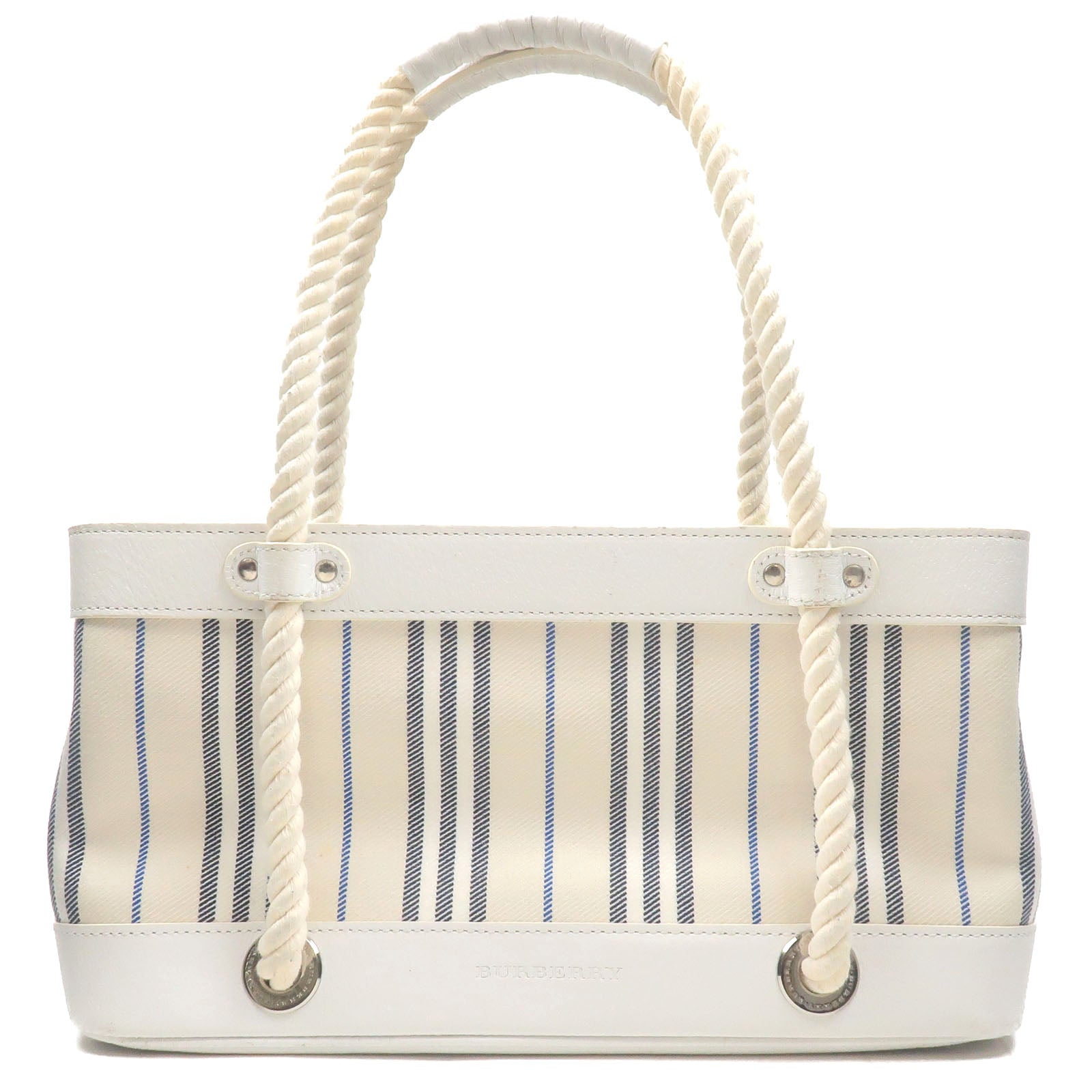 BURBERRY-Stripe-Canvas-Leather-Hand-Bag-Ivory-White